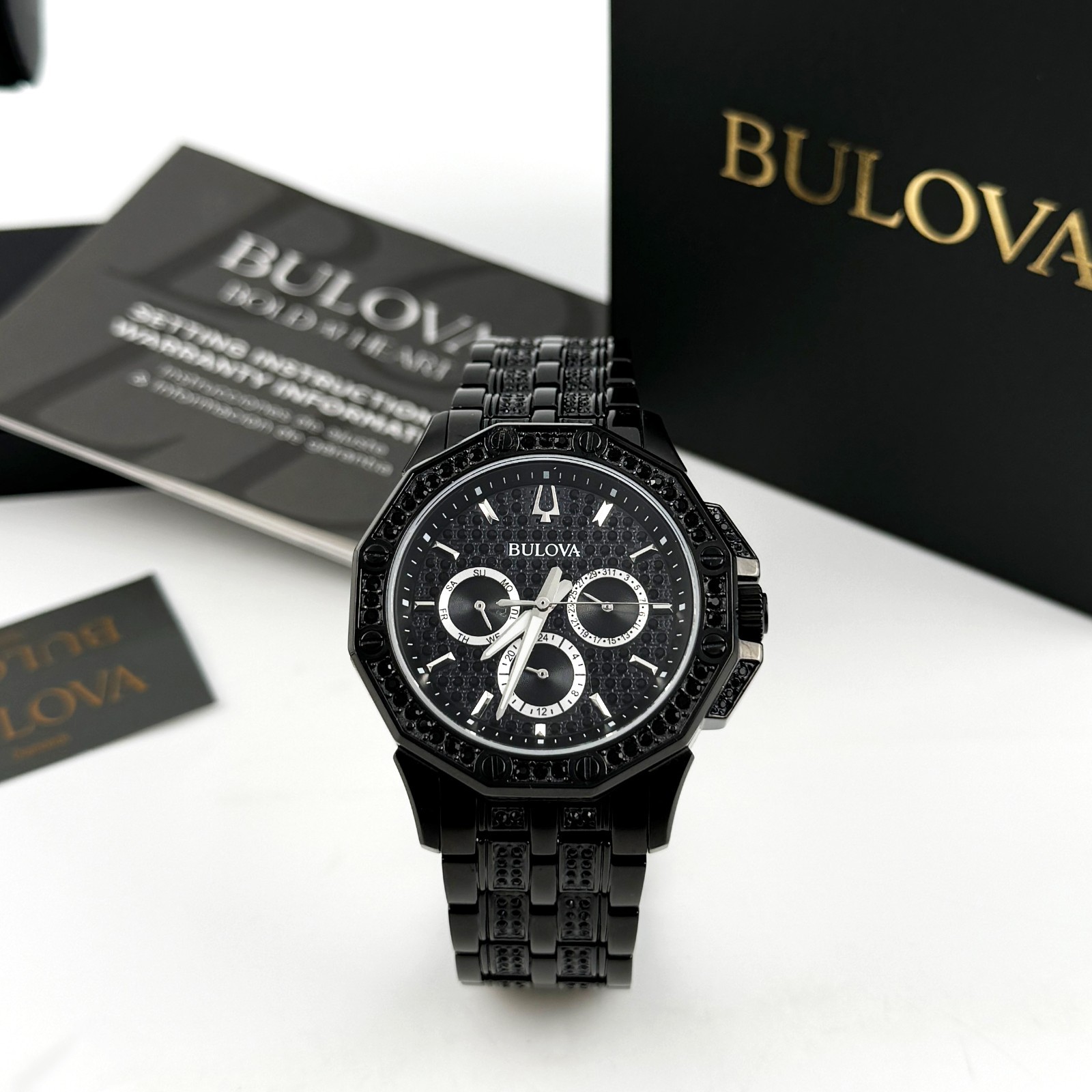 Bulova Octava Crystal 98C134 Black Pave Dial Quartz Stainless Steel Men’s Watch