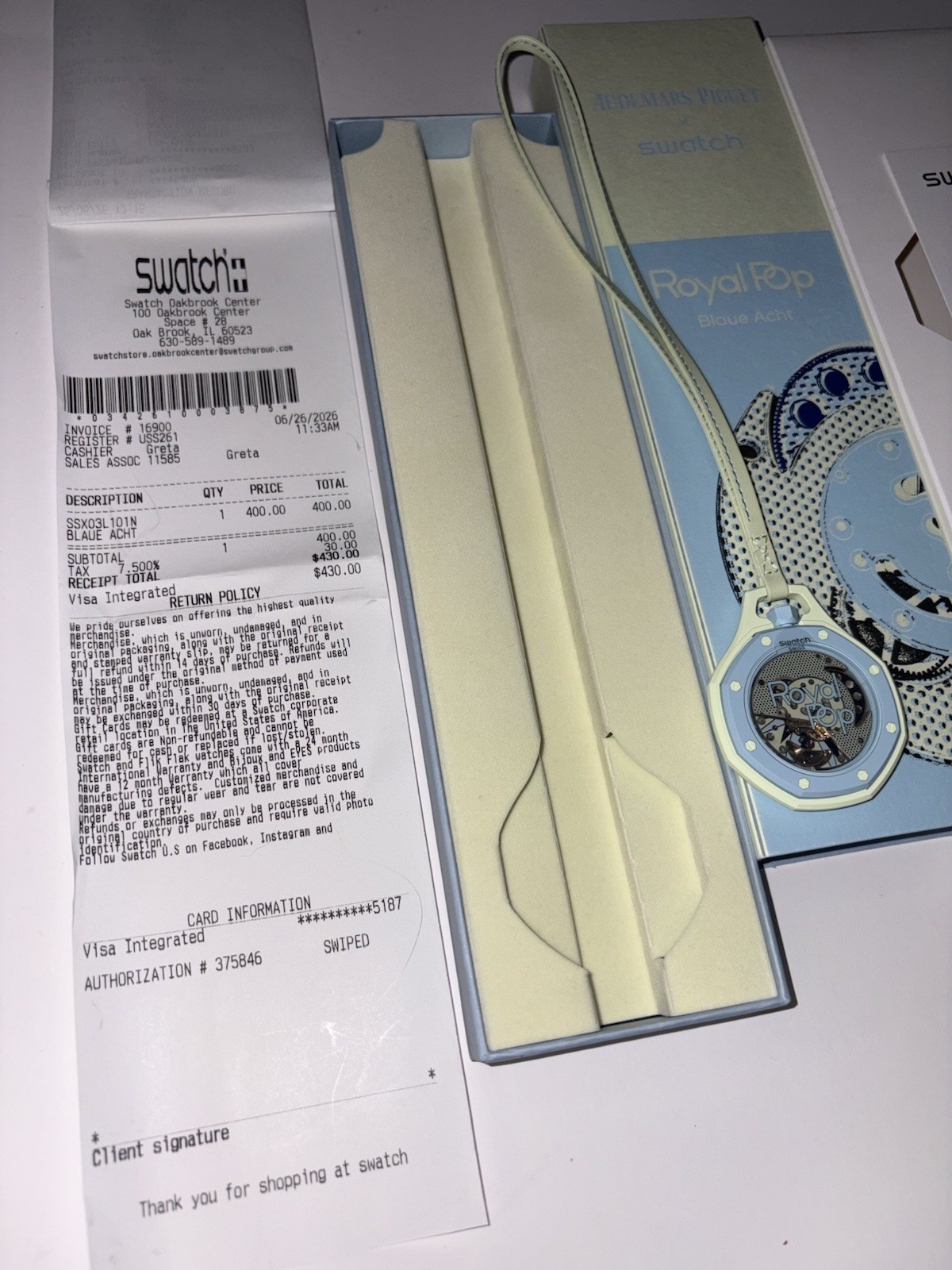 Swatch Royal Pop Octagon Automatic Blue/Beige Leather Strap w/ Box Paperwork