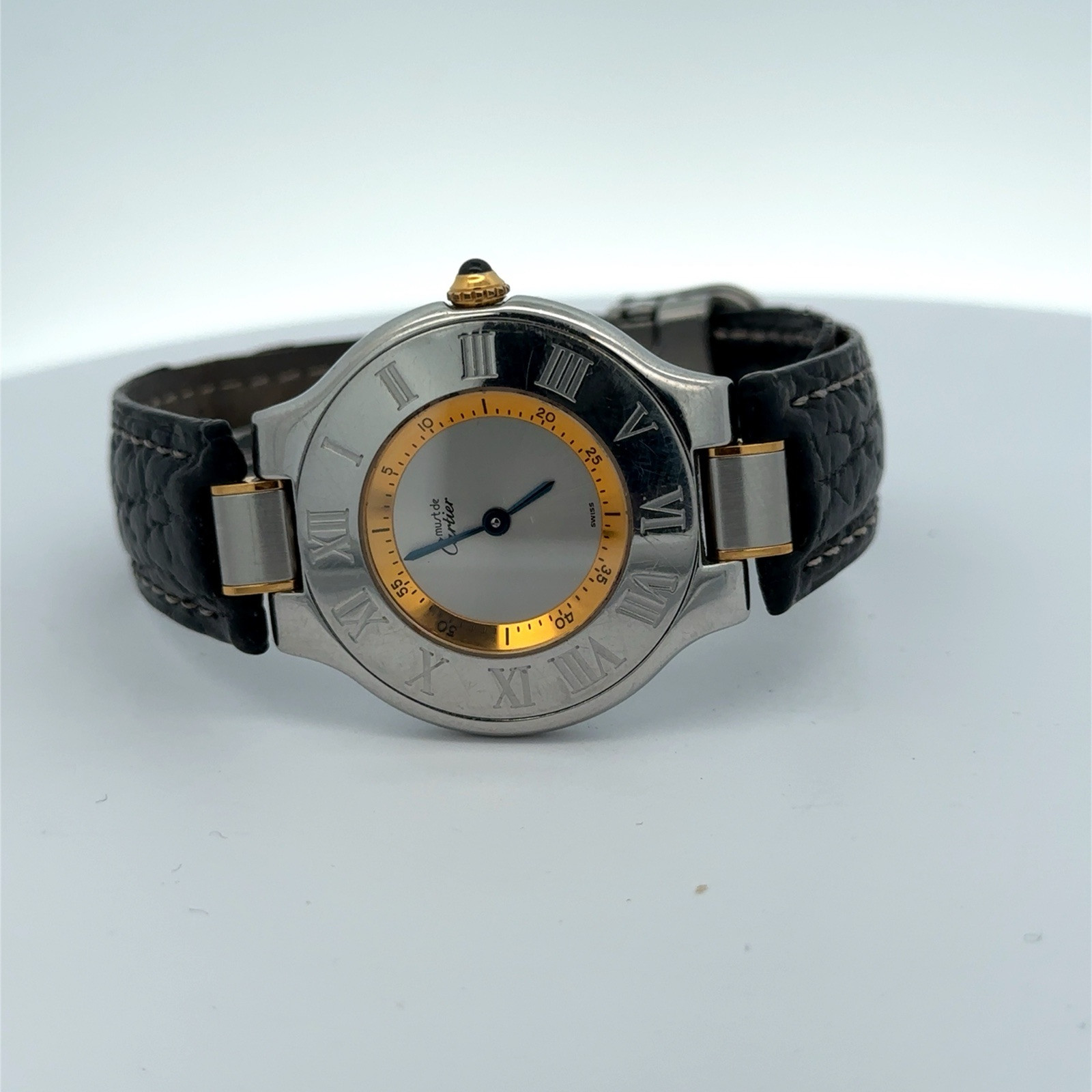 Cartier Must de Cartier 21 w/ Black Leather Band Stainless Steel Two Tone