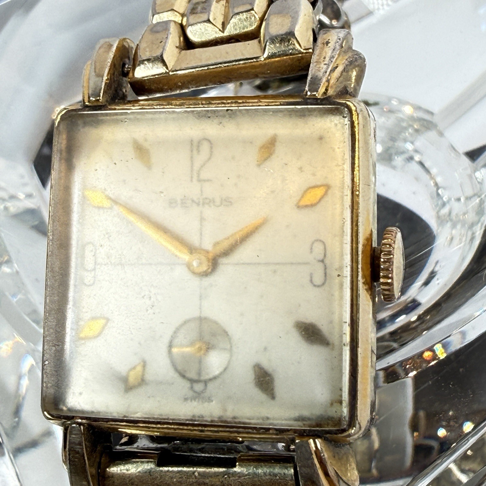 VINTAGE 1940s BENRUS Gold Filled MENS Tank Manual Wind Mechanical Watch Runs