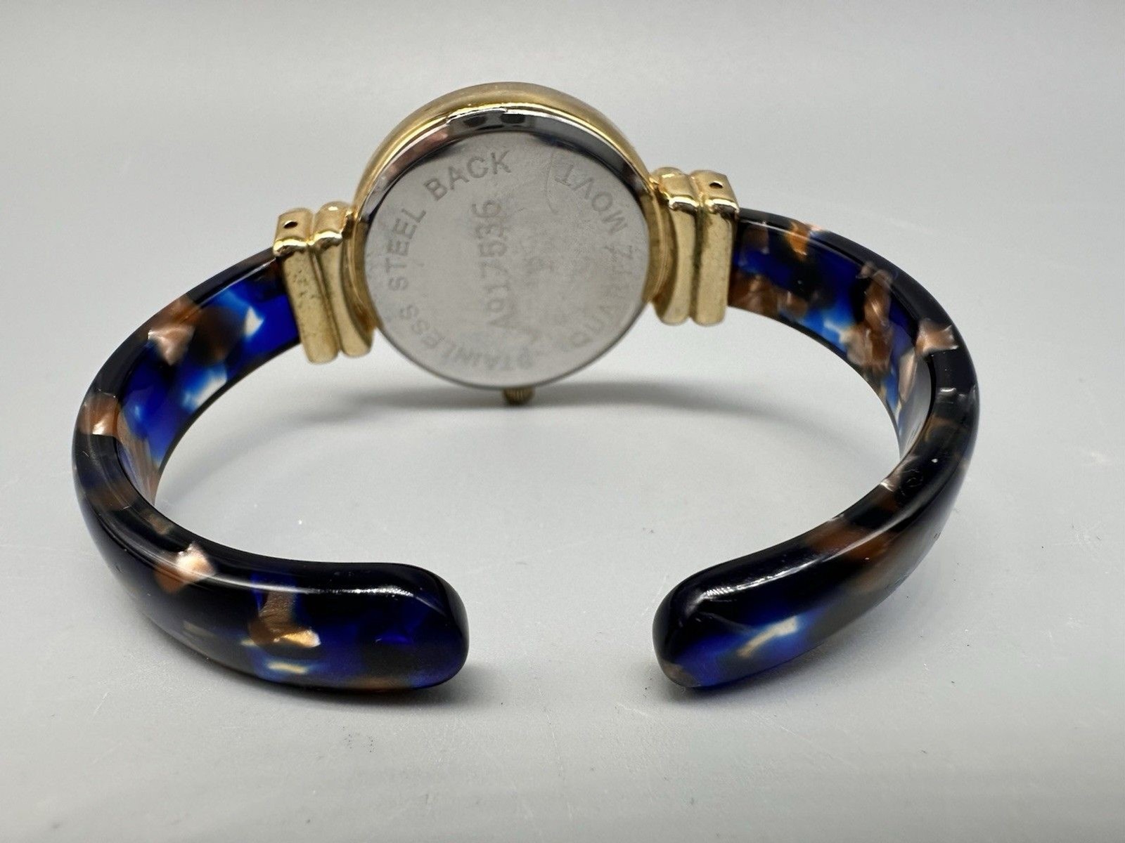 Blue & Brown Mottled Lucite Band Clamp Gold Tone Watch New Battery!