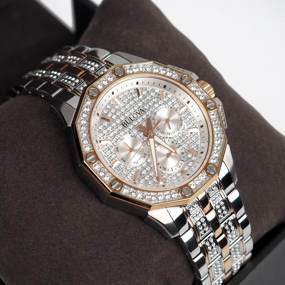 Men’s Bulova Octava Crystal Gemmed Dial Silver & Rose Gold Quartz Watch 98C133