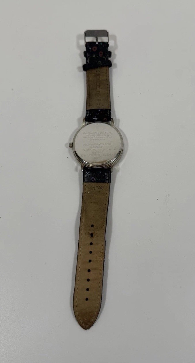 SONY PLAYSTATION LOGO QUARTZ WATCH WITH BLACK FAUX LEATHER STRAP NEEDS BATTERY