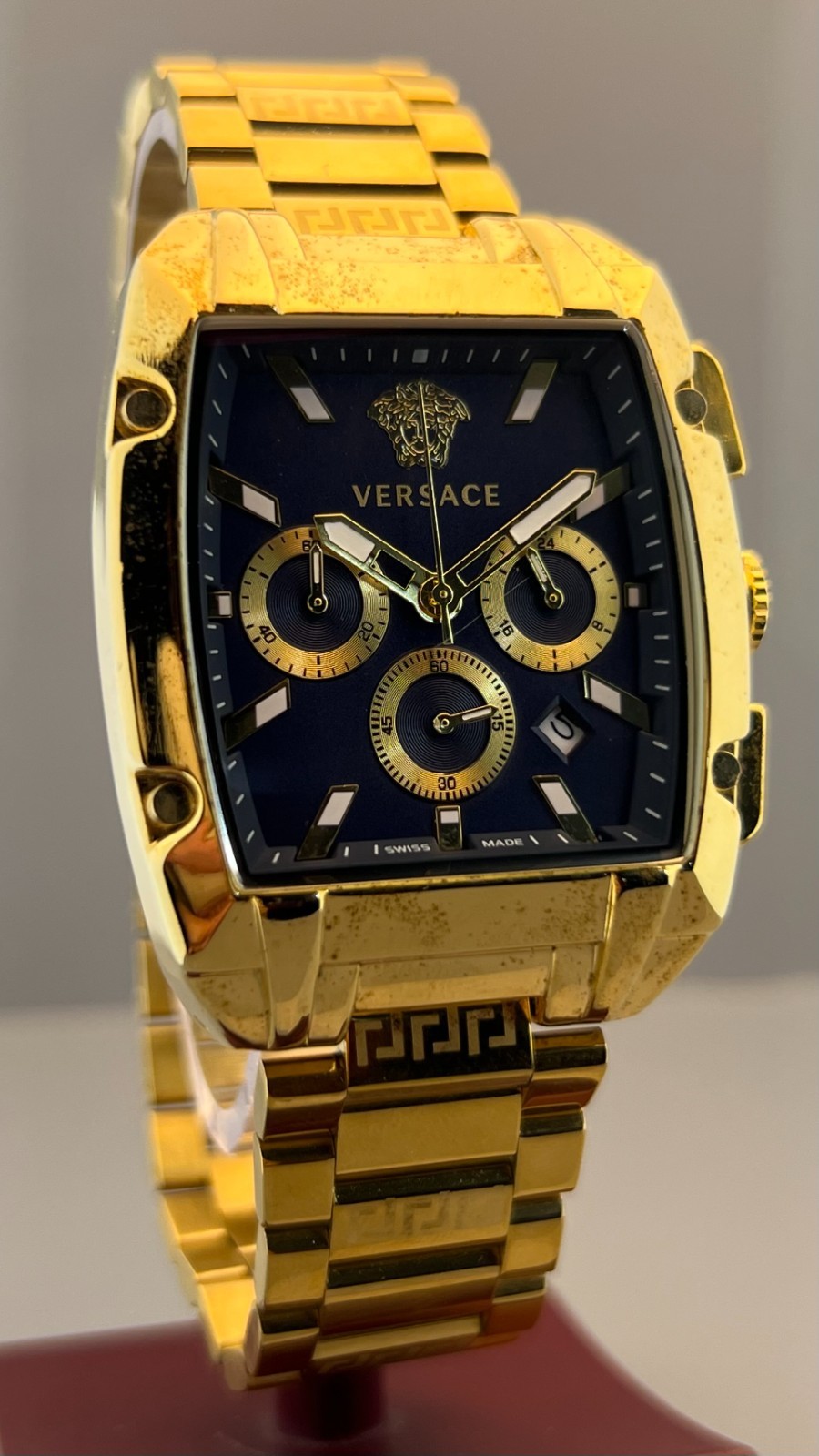 Vintage Men’s Versace Dominus Chrono Quartz Blue Dial Gold-Plated Wristwatch