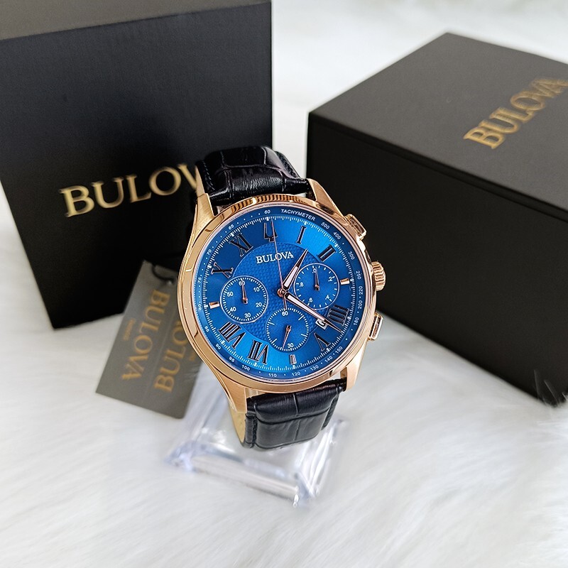 Men’s Bulova Wilton Blue Classic Chronograph 97B170 Quartz Leather Watch 46.5mm