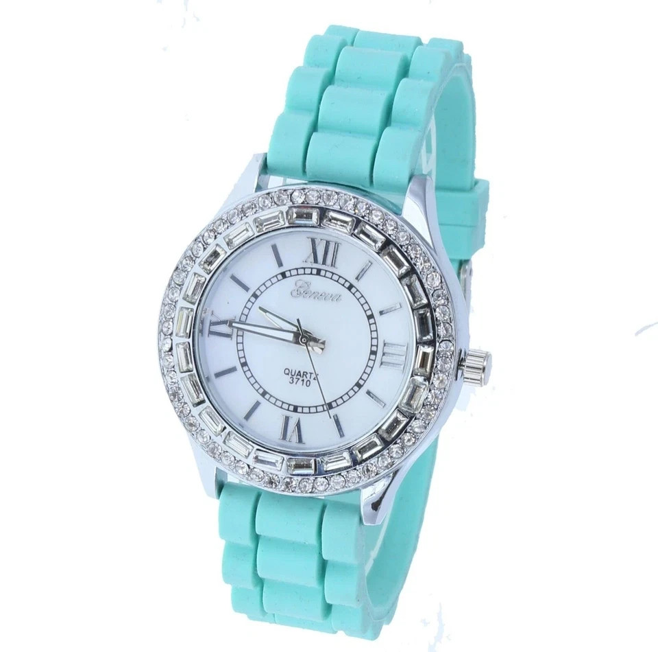 Geneva Silver Chronograph Style Iced Bezel Green Silicone Band New Battery