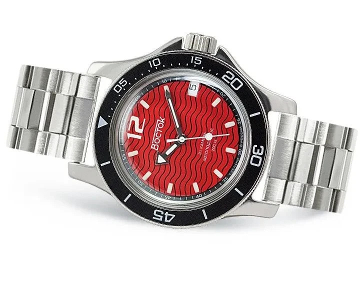VOSTOK AMPHIBIA 13043A Russian Military Watch Automatic Red US SELLER