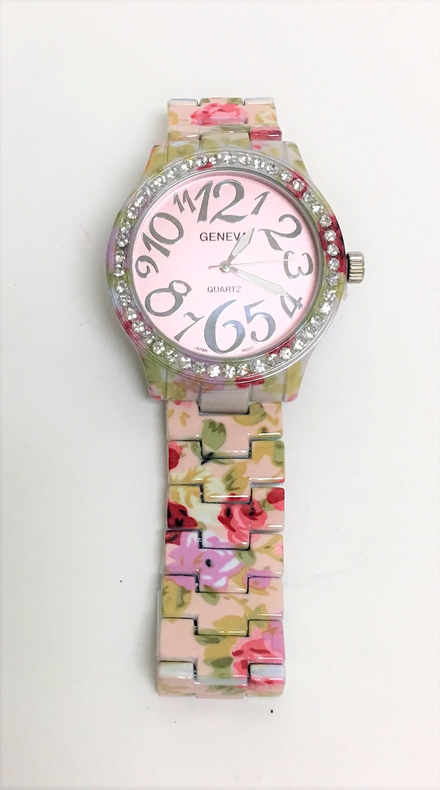 NEW GENEVA MULTI COLOR FLORAL,CRYSTALS,PINK DIAL,BRACELET ALLOY METAL WATCH 7225