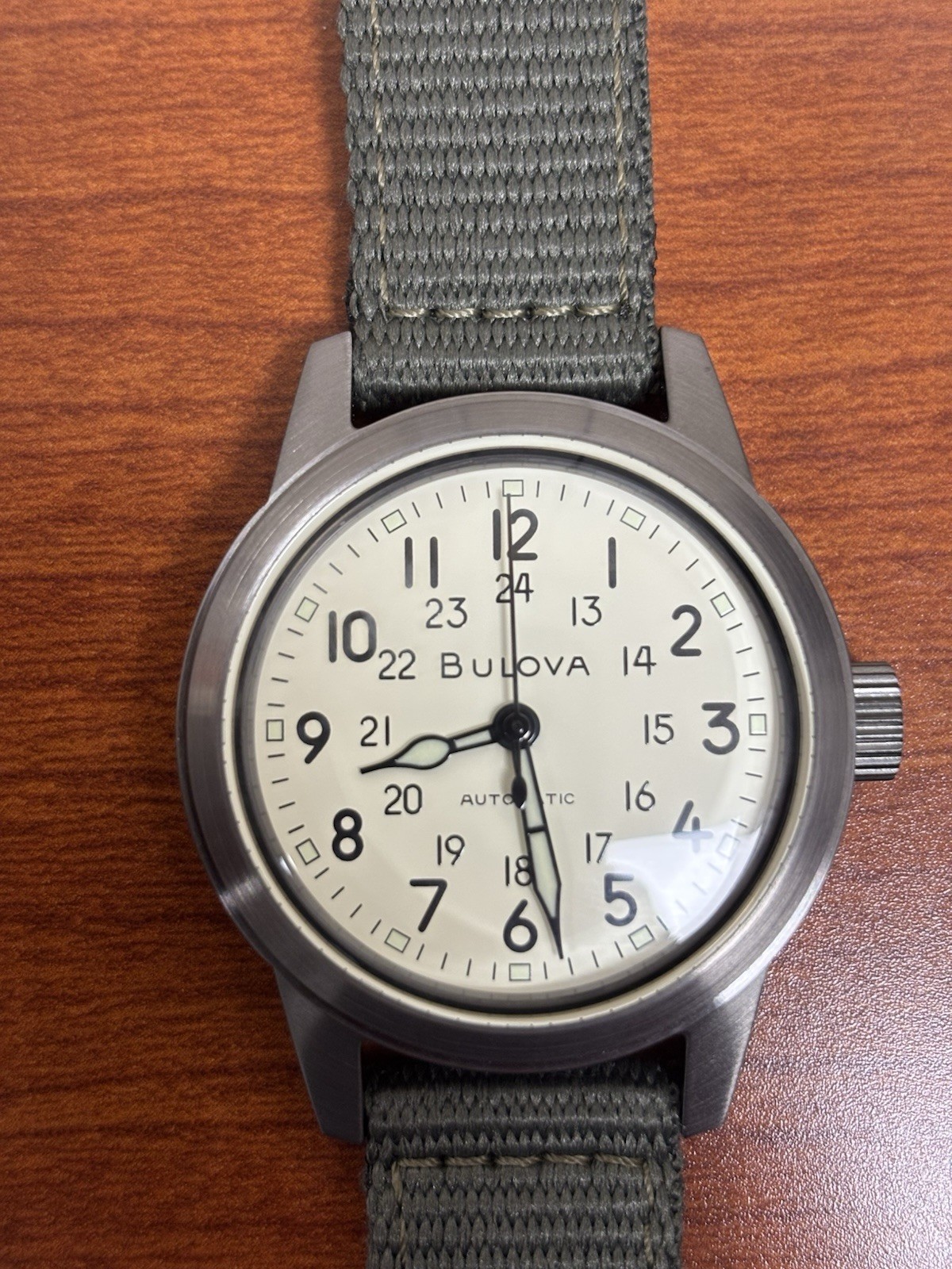 Bulova Men’s Hack Automatic Ivory Dial Black Leather Strap Watch 96A246