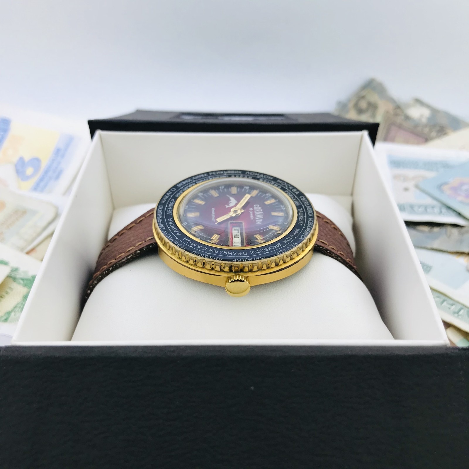 Vintage Cornavin World Time Watch Rare Ruby-Dial Soviet Raketa Soviet USSR 🛠