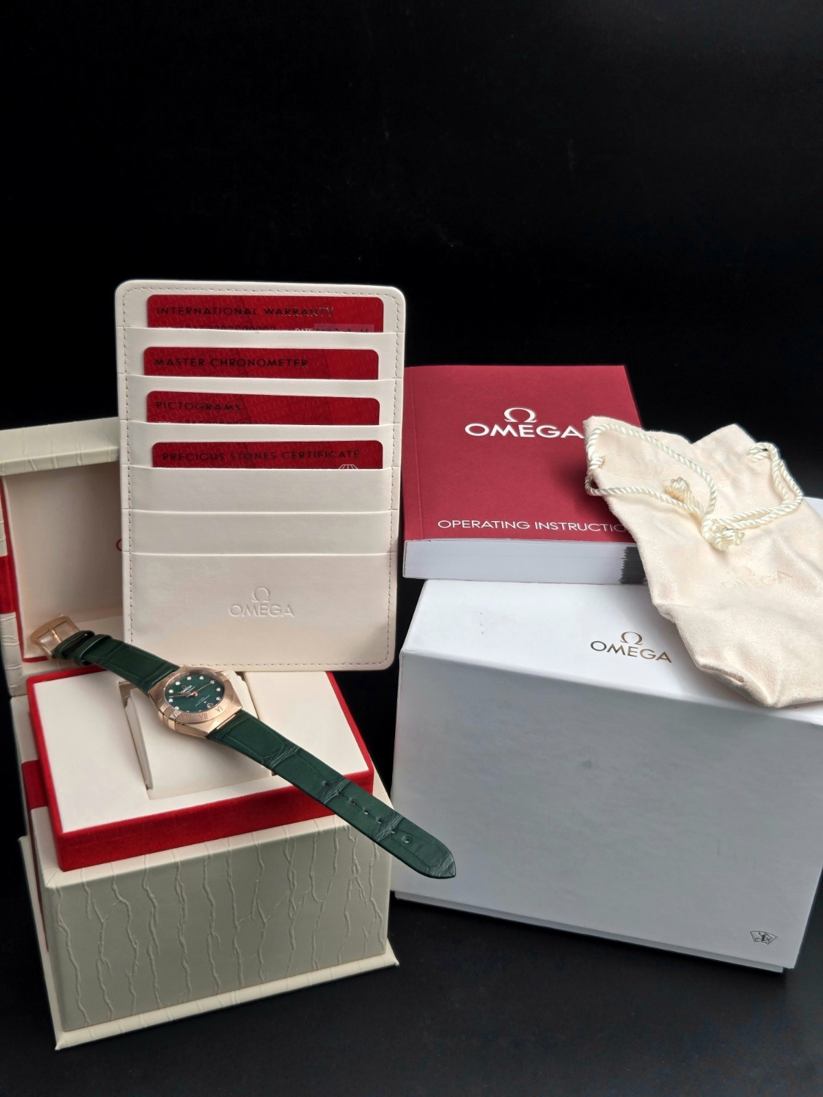 NEW Omega Constellation Ladies 18K Sedna Gold Green Aventurine Factory Diamonds
