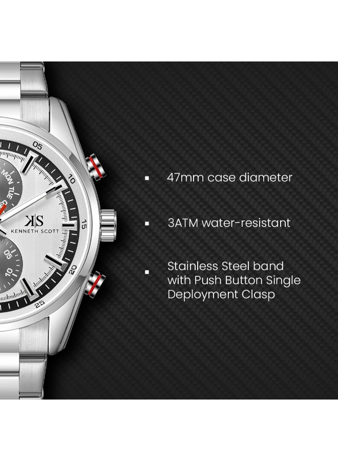 Kenneth Scott Men’s Multi Function Watch | White Dial, 47mm, 30 m (3 ATM)