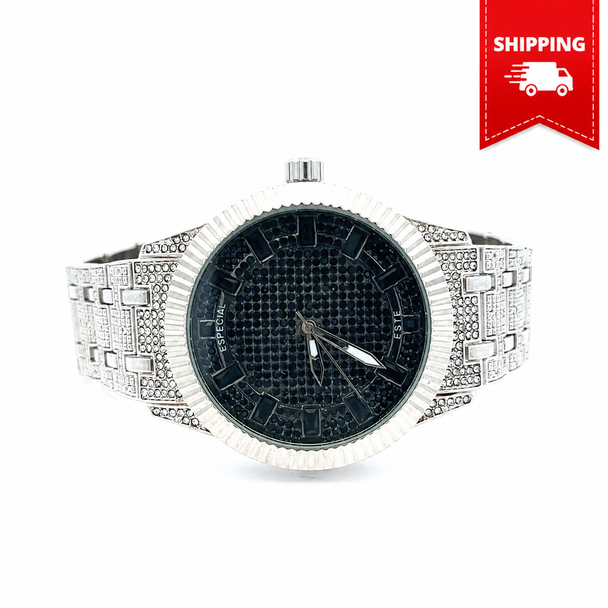 Men’s Rhodium Black Iced Out Watch Quartz Hip Hop Style 44mm
