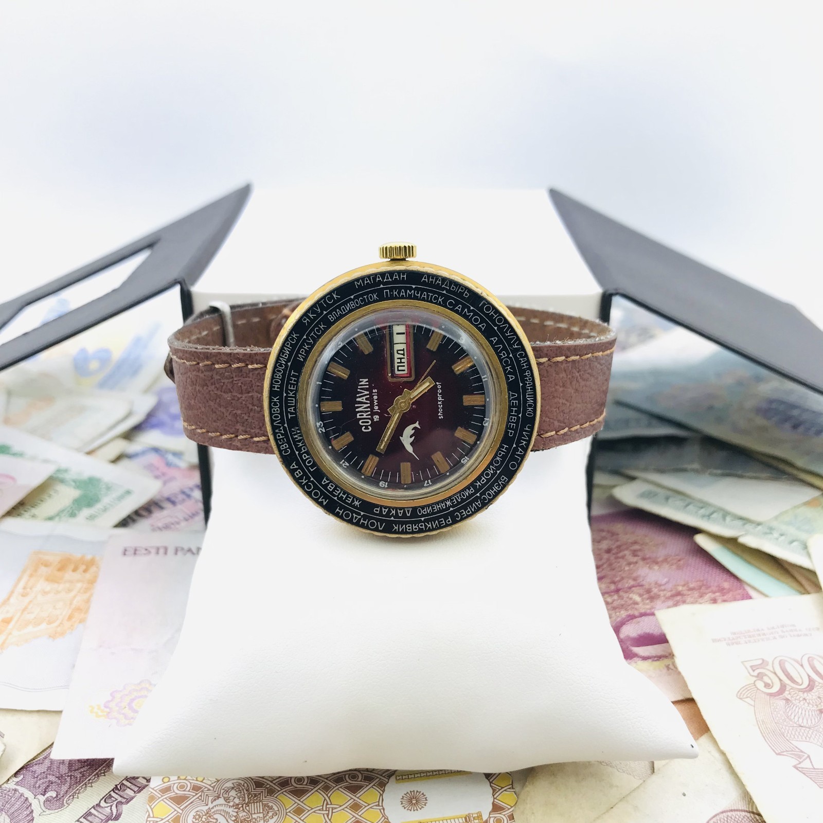Vintage Cornavin World Time Watch Rare Ruby-Dial Soviet Raketa Soviet USSR 🛠