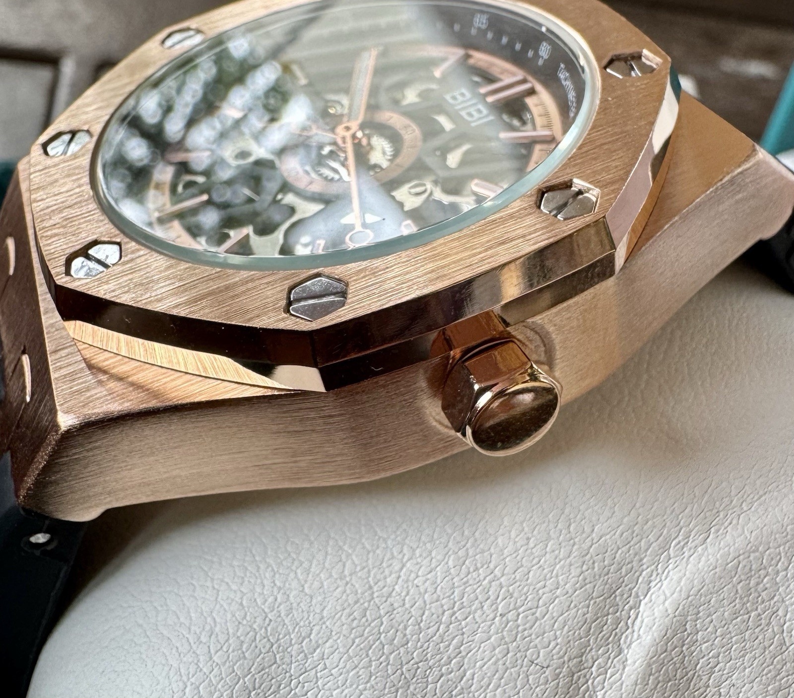 BIBI Skeleton Automatic Watch Rose Gold Black Silicone Strap 41.5mm New Box