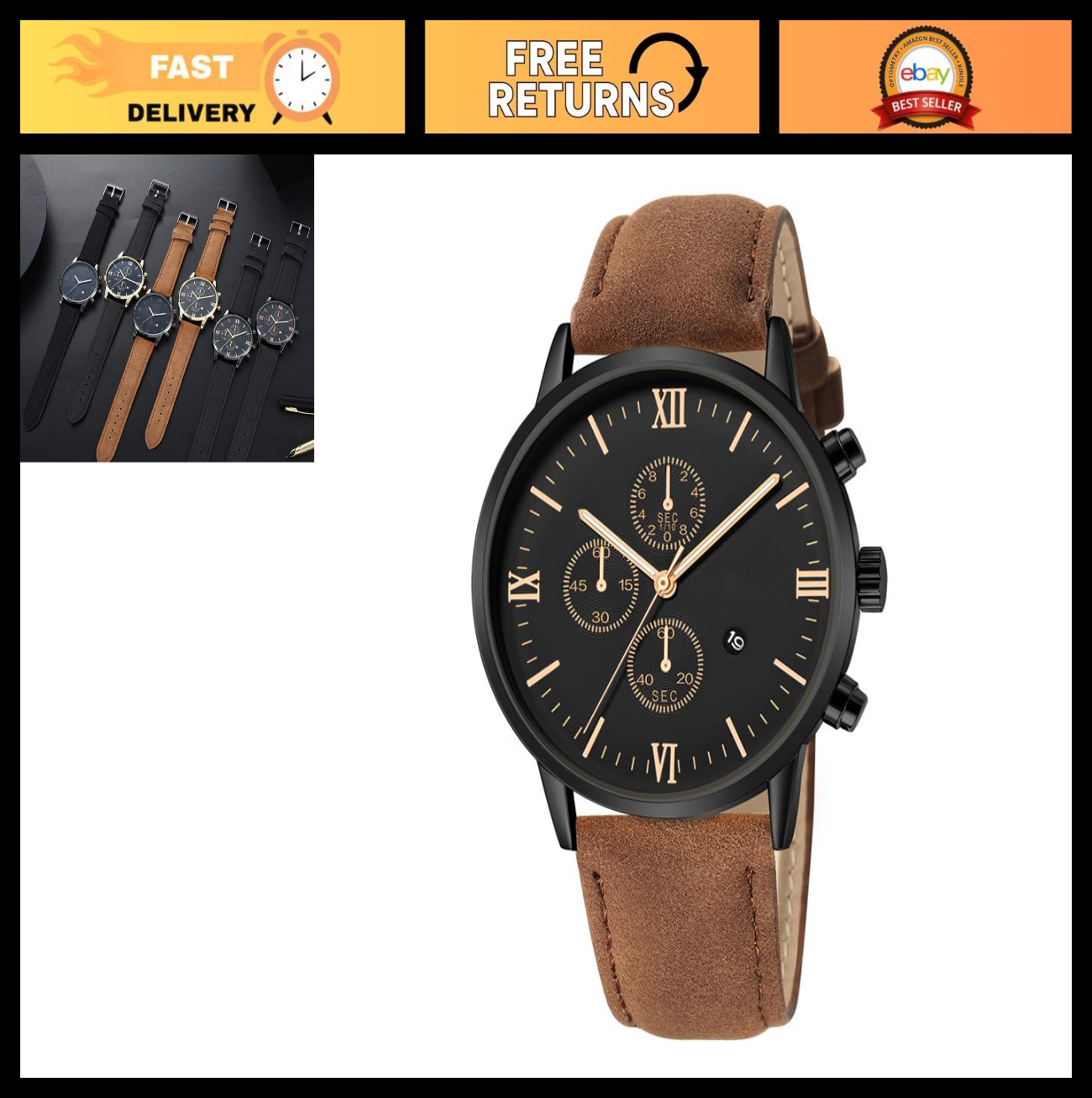 Stylish Men’s Chronograph Watch – Analog Quartz, Leather Band, Date Feature, Rom