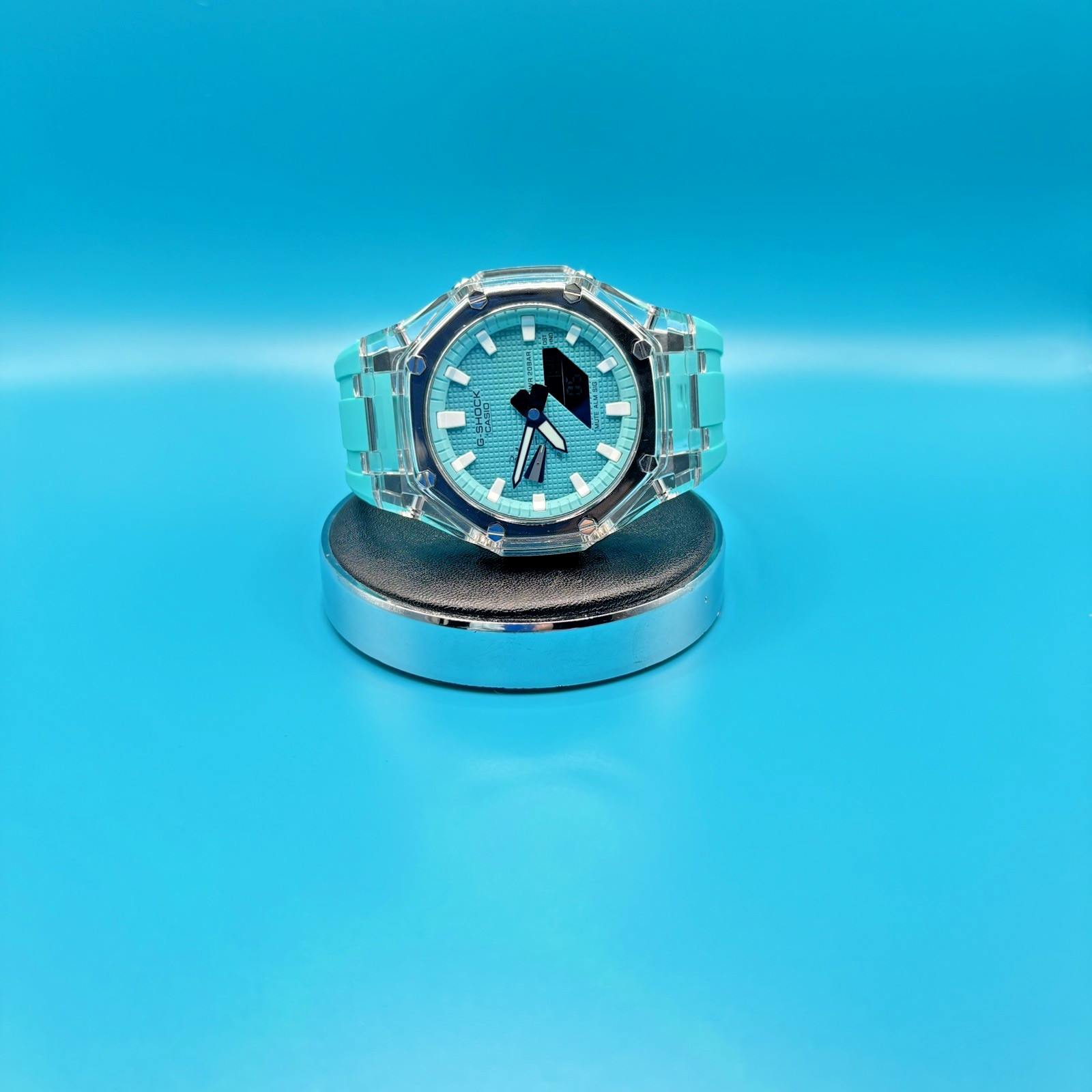 Casio G shock Custom 2100 Octagonal Watch Clear Case Turquoise SKY Blue Dial