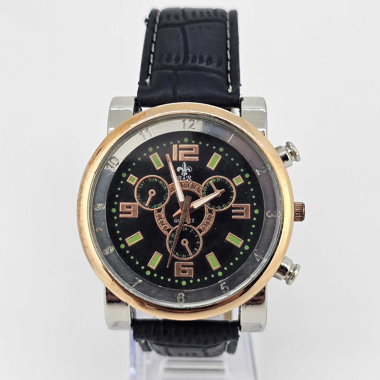 Men’s Analog Watch 43MM Black Dial Black Faux Leather Bands New Battery