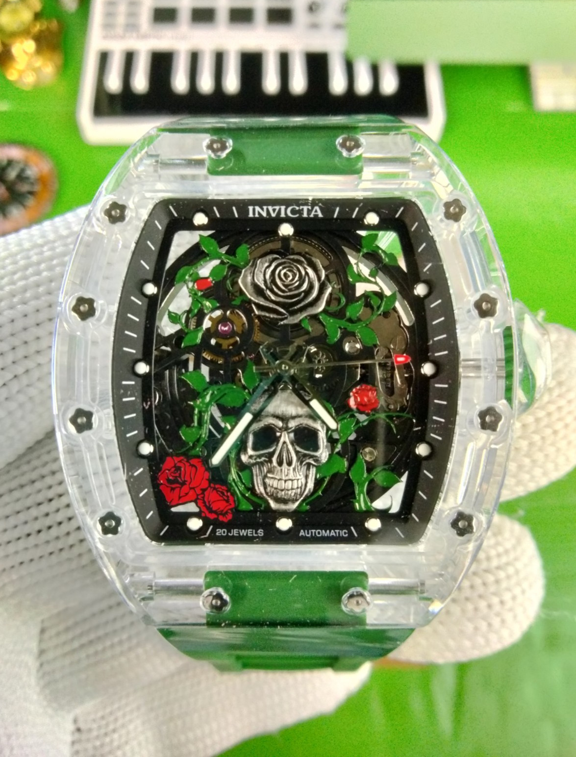 Invicta Roseskull Artist Automatic Men Watch 69497 K9 Glass Case Grn Strap WR30M
