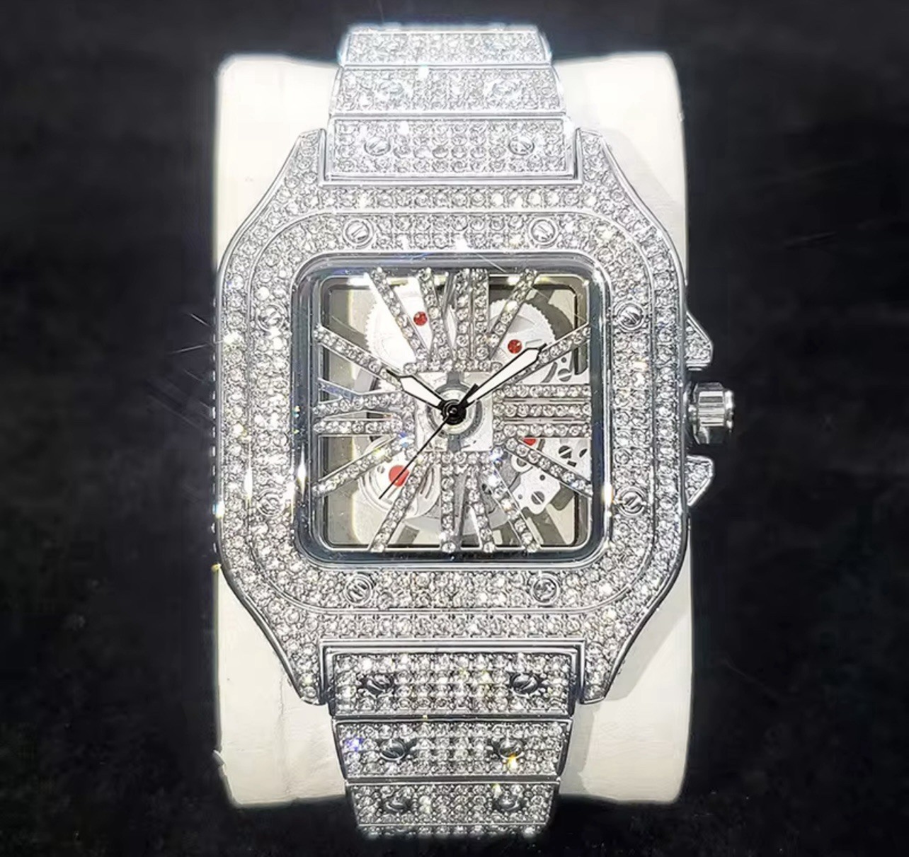Skeleton Red Dial Iced Out Diamond Designer Watch, Hip Hop Watch, Fashion