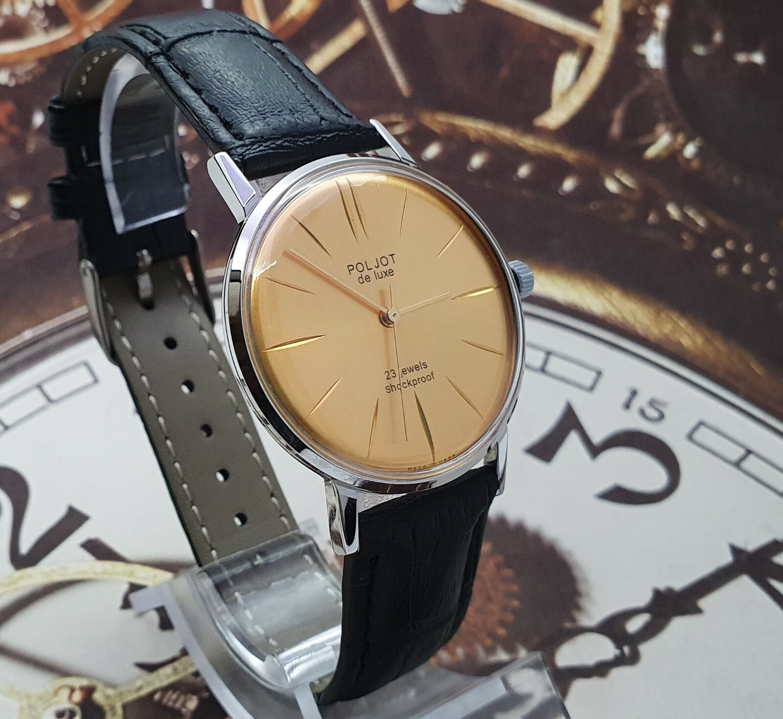 Poljot De Luxe ULTRA SLIM 2209 Gold Dial Mechanical Watch Vintage Style USSR