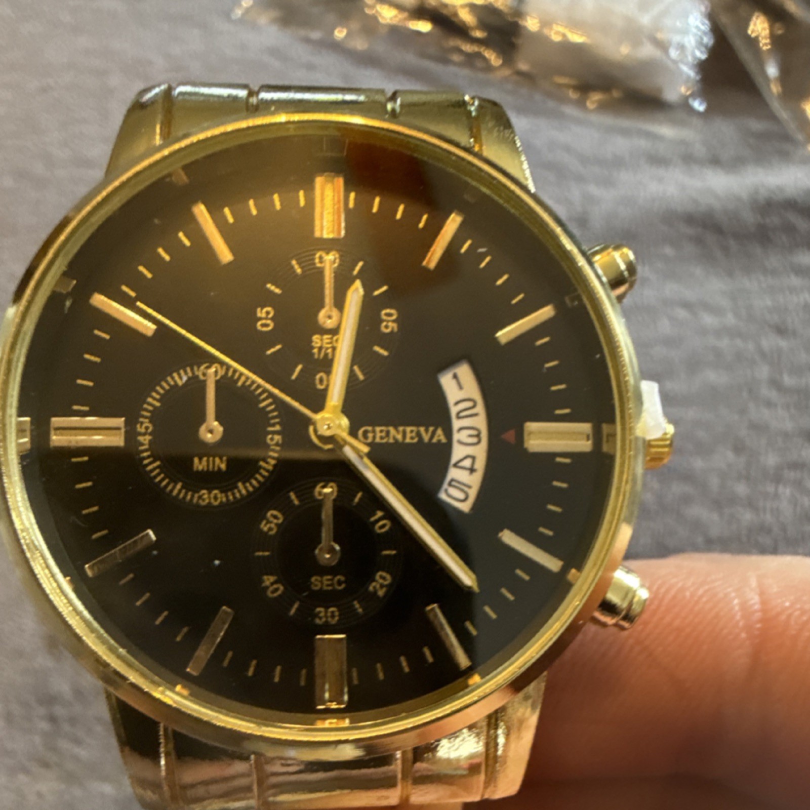 Geneva Analog Wristwatch Gold-Tone Metal Band Black Dial Stick Indexes