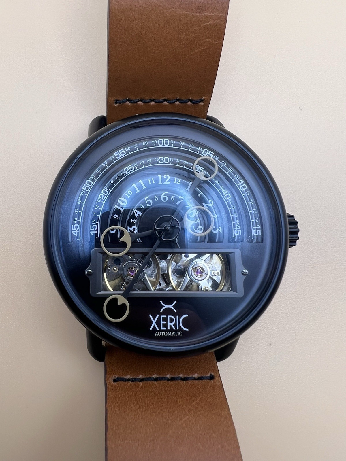 Xeric Halograph Automatic Men’s Watch Black Brown Leather Box Running 46mm