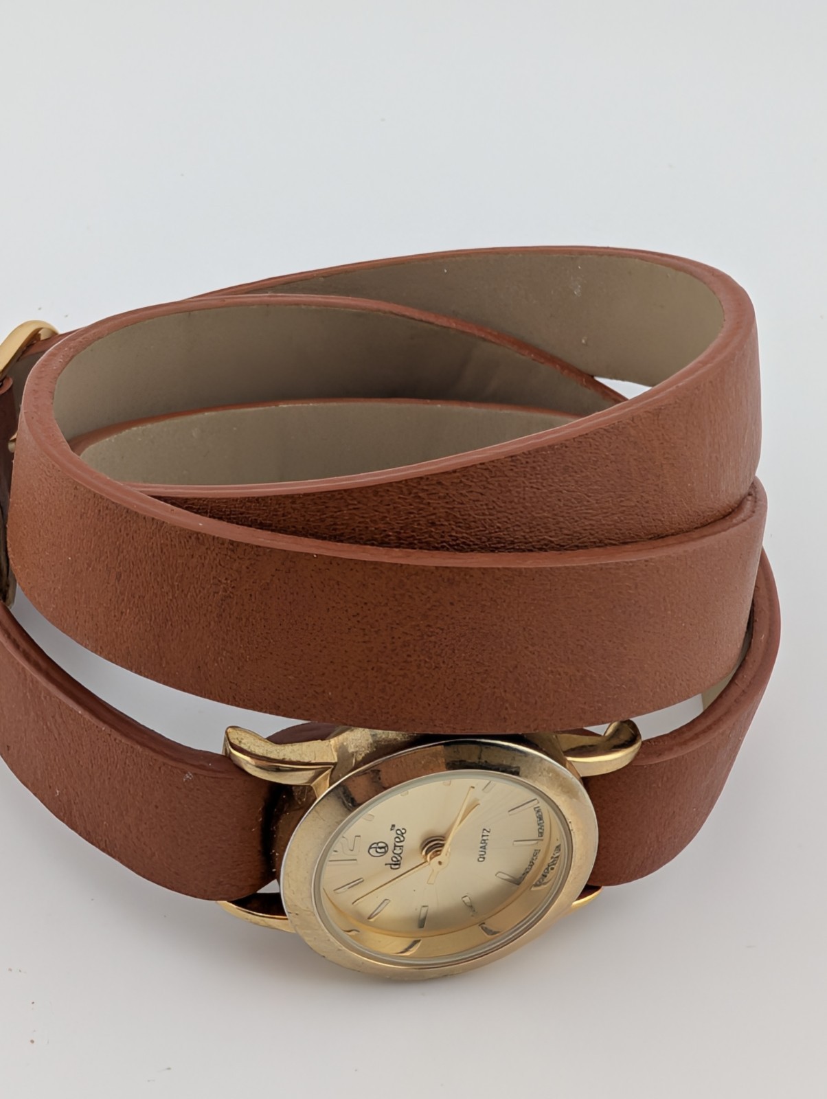 Decree Wrap Watch Women 23mm Gold Case Faux Leather Band- New Battery