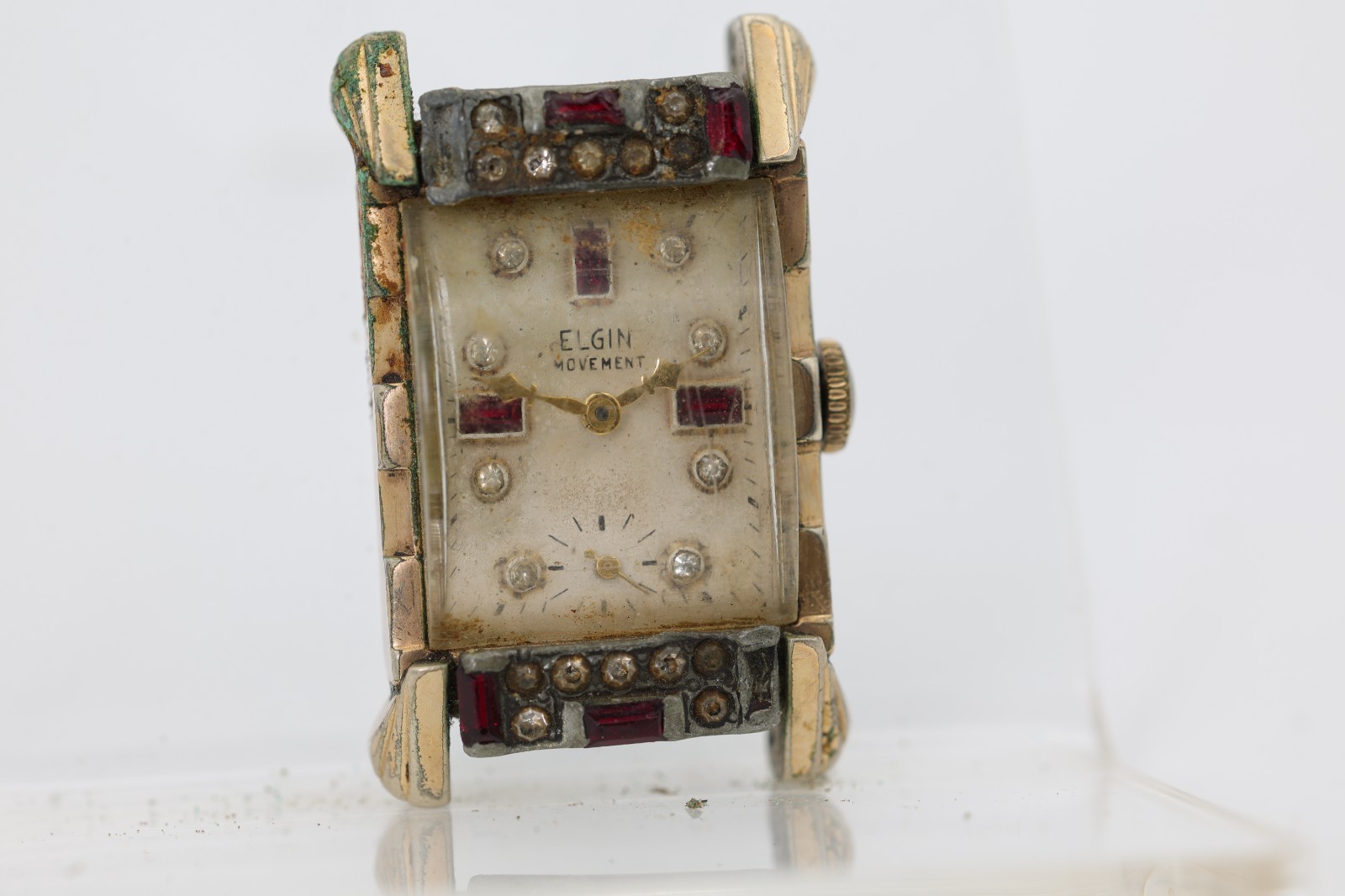 ELGIN 538 DIAMOND & RUBY CASE & DIAL, TANK WRIST WATCH, X122307, FOR REPAIR (NA)