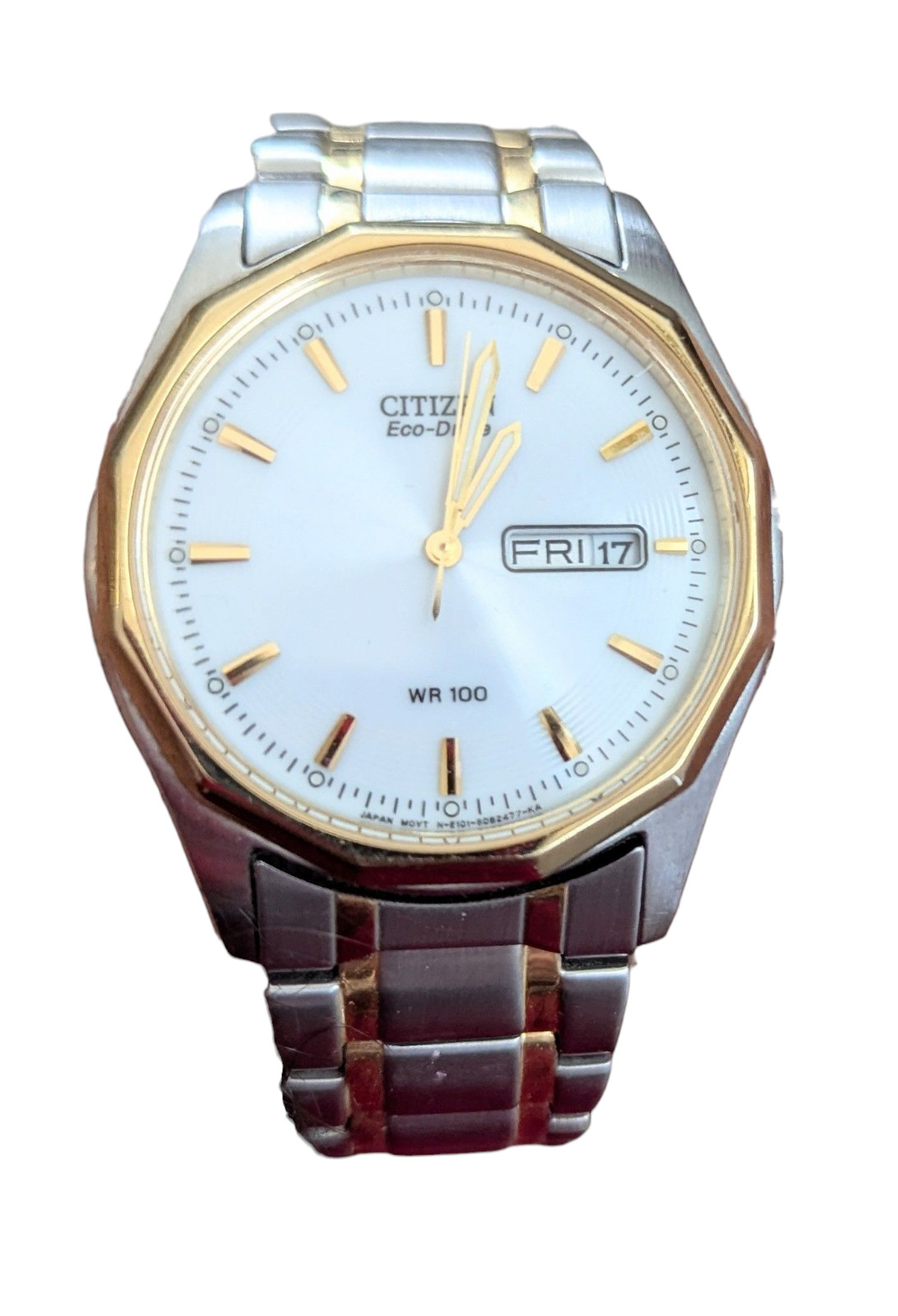 Citizen Eco-Drive E101-S053439 Two Tone WR 100M Day Date Watch Fresh Battery!