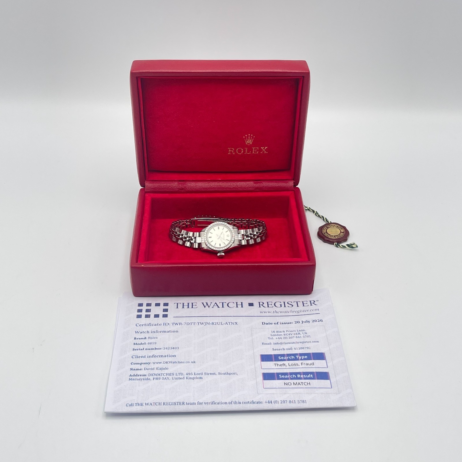 Rolex Oyster Perpetual 24mm 6619 Silver Baton Dial Diamond Bezel Jubilee Box