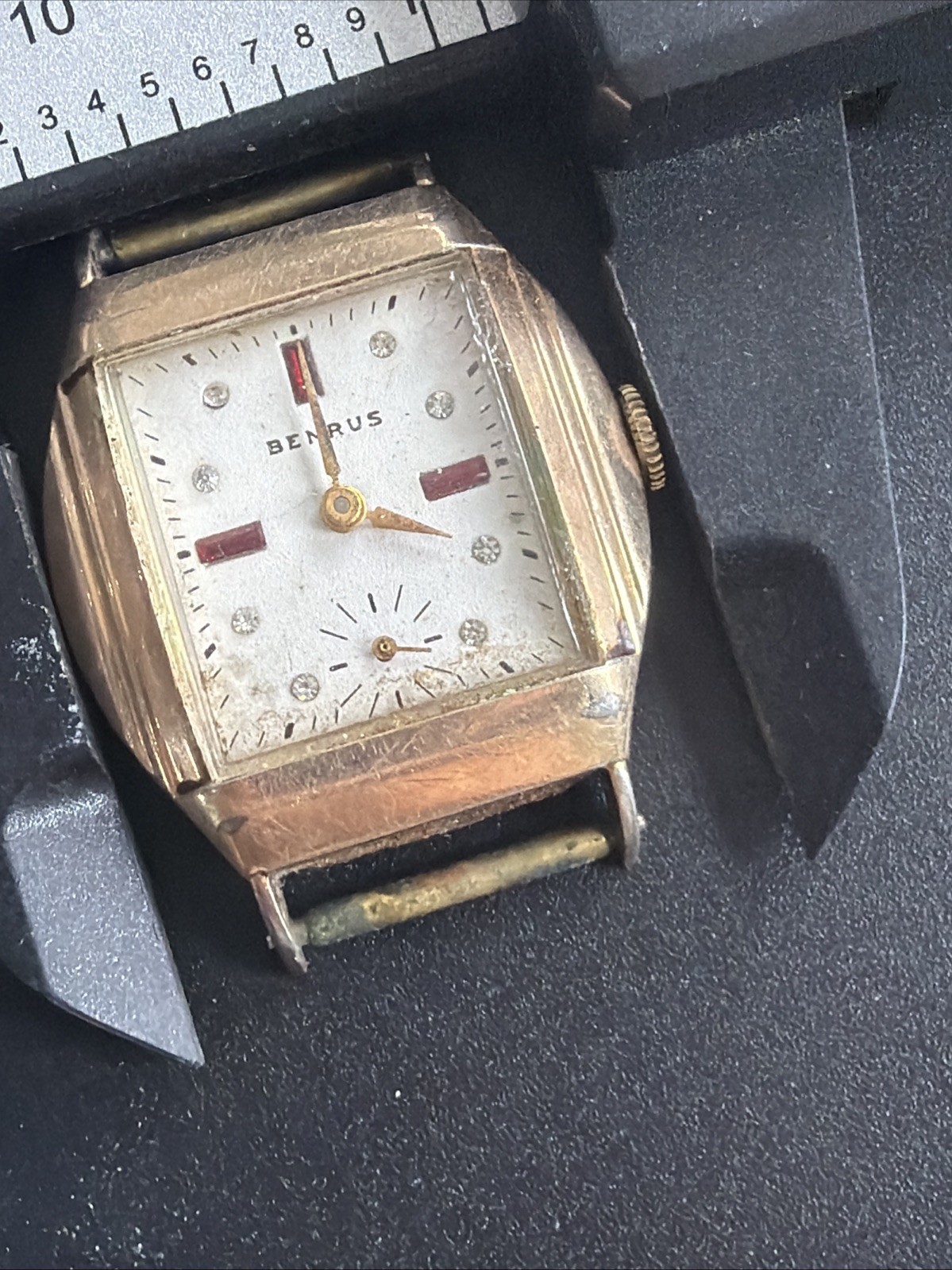 AZ99 Benrus Mens Rolled Plate Ruby Dial Mechanical Watch Tank Parts Repair As Is