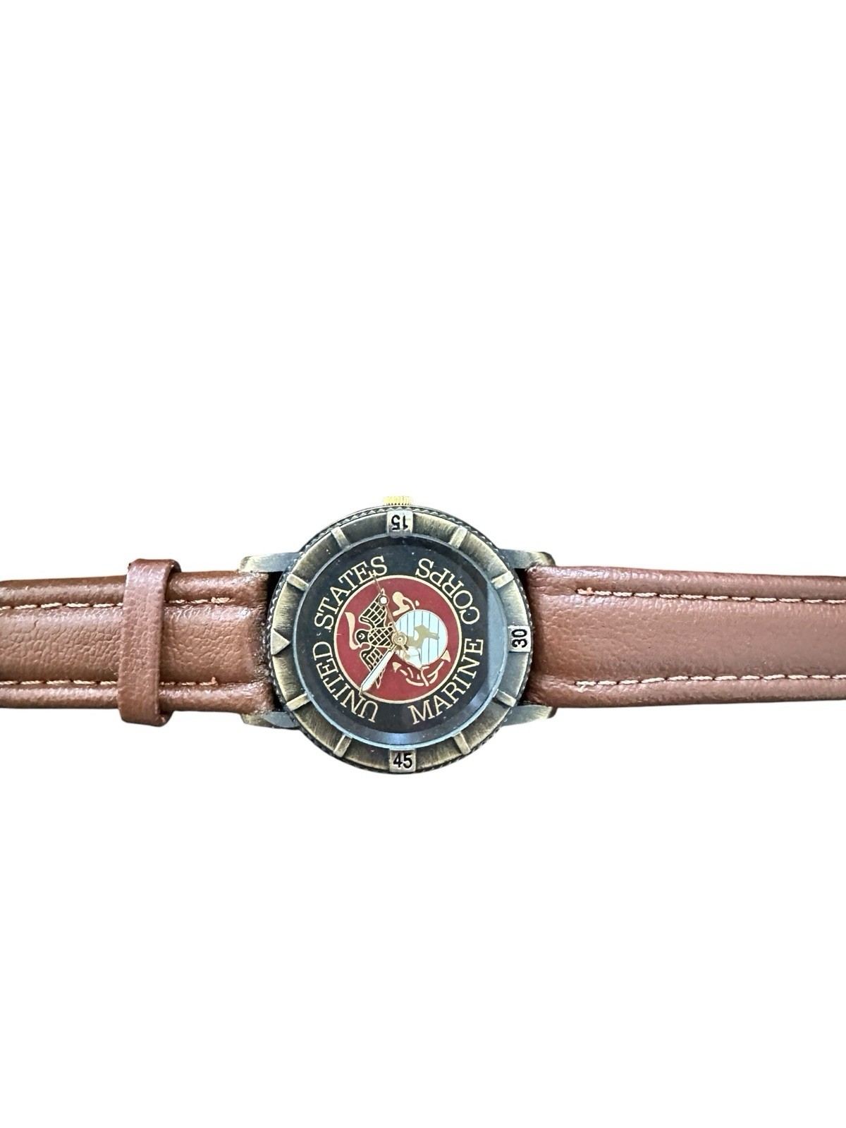 United States Marine Corps Wristwatch Brown Leather Strap Easy to Read