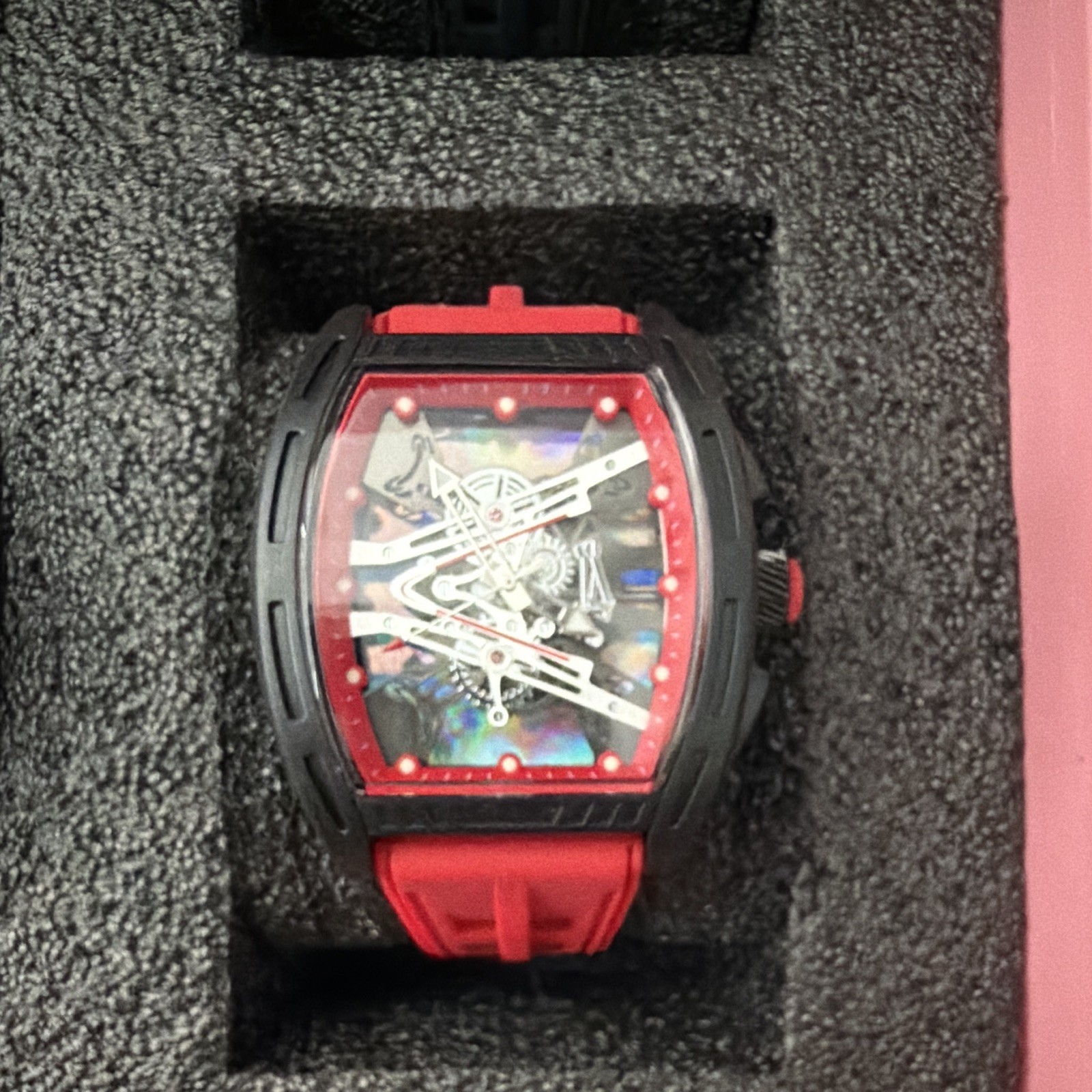 Skeleton Dial Analog Tonneau Watch Black Plastic Case Red Rubber Strap w/ Box