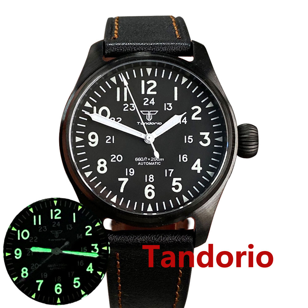 Tandorio 39mm 20ATM NH35A PT5000Sapphire Glass Black PVD Pilot Diving Men Watch