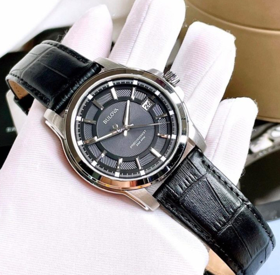 Bulova Precisionist Gray Dial Silver Tone Black Leather Band Men’s Watch 96B158