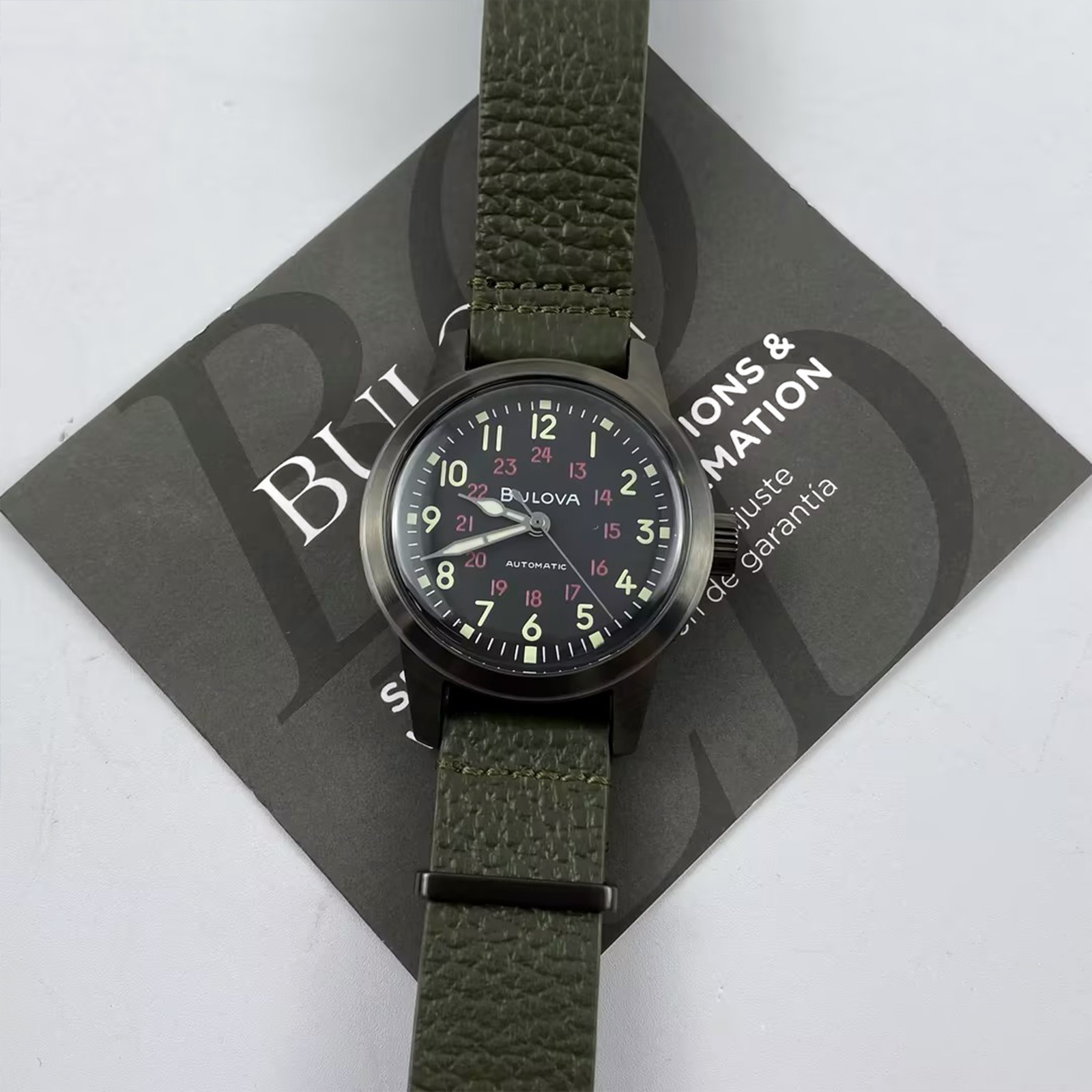 Bulova Special Edition 98A255 Black Dial Green Leather Men Automatic Watch 38MM