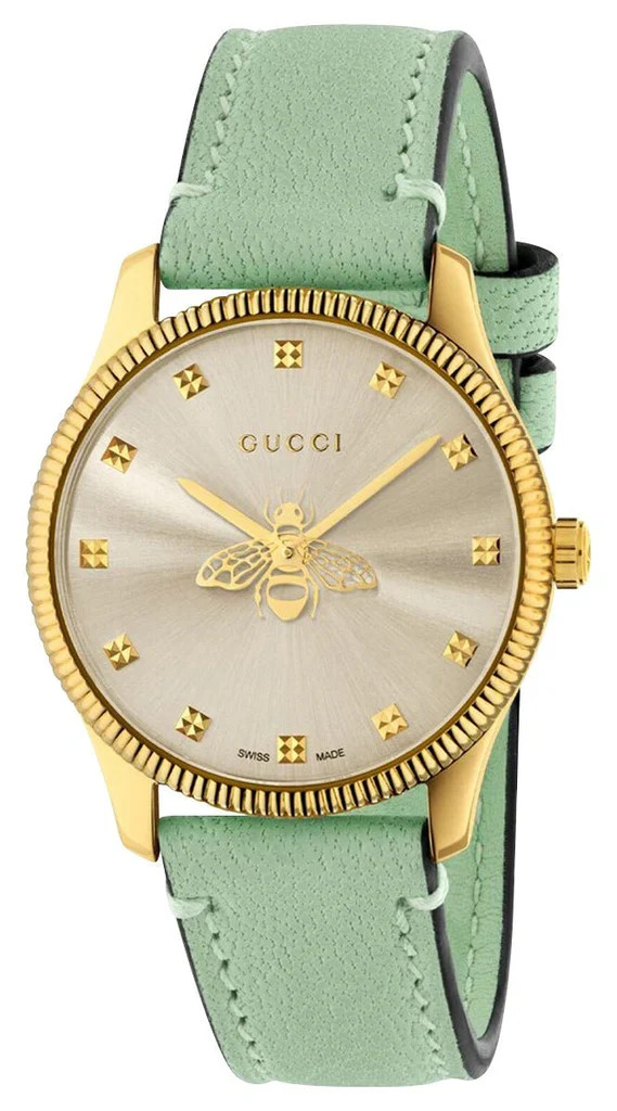 Gucci G-Timeless Yellow Gold PVD Silver Dial Green Leather Strap Quartz Womens