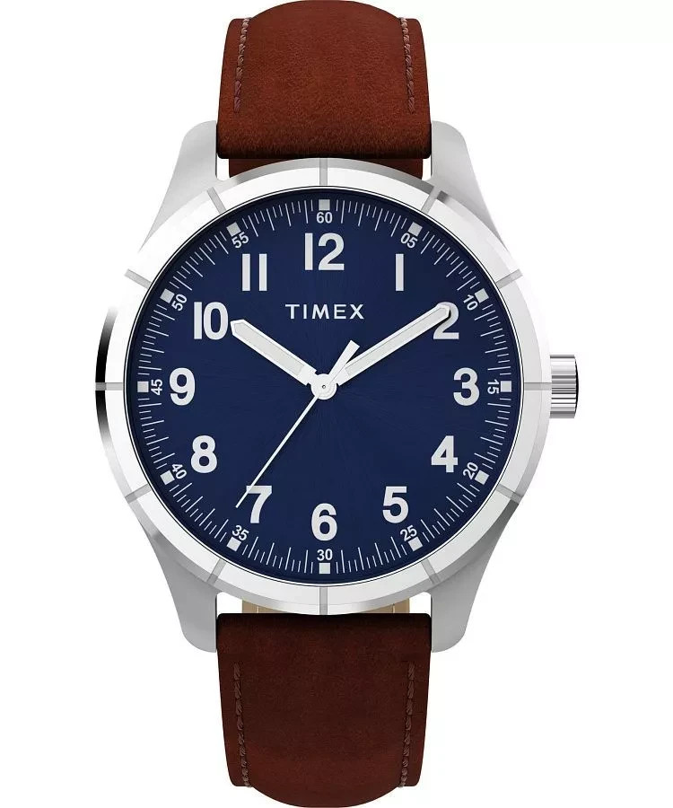 Timex Main Street Men’s 42mm Blue Sunray Dial Brown Leather TW2Y16200 Watch New