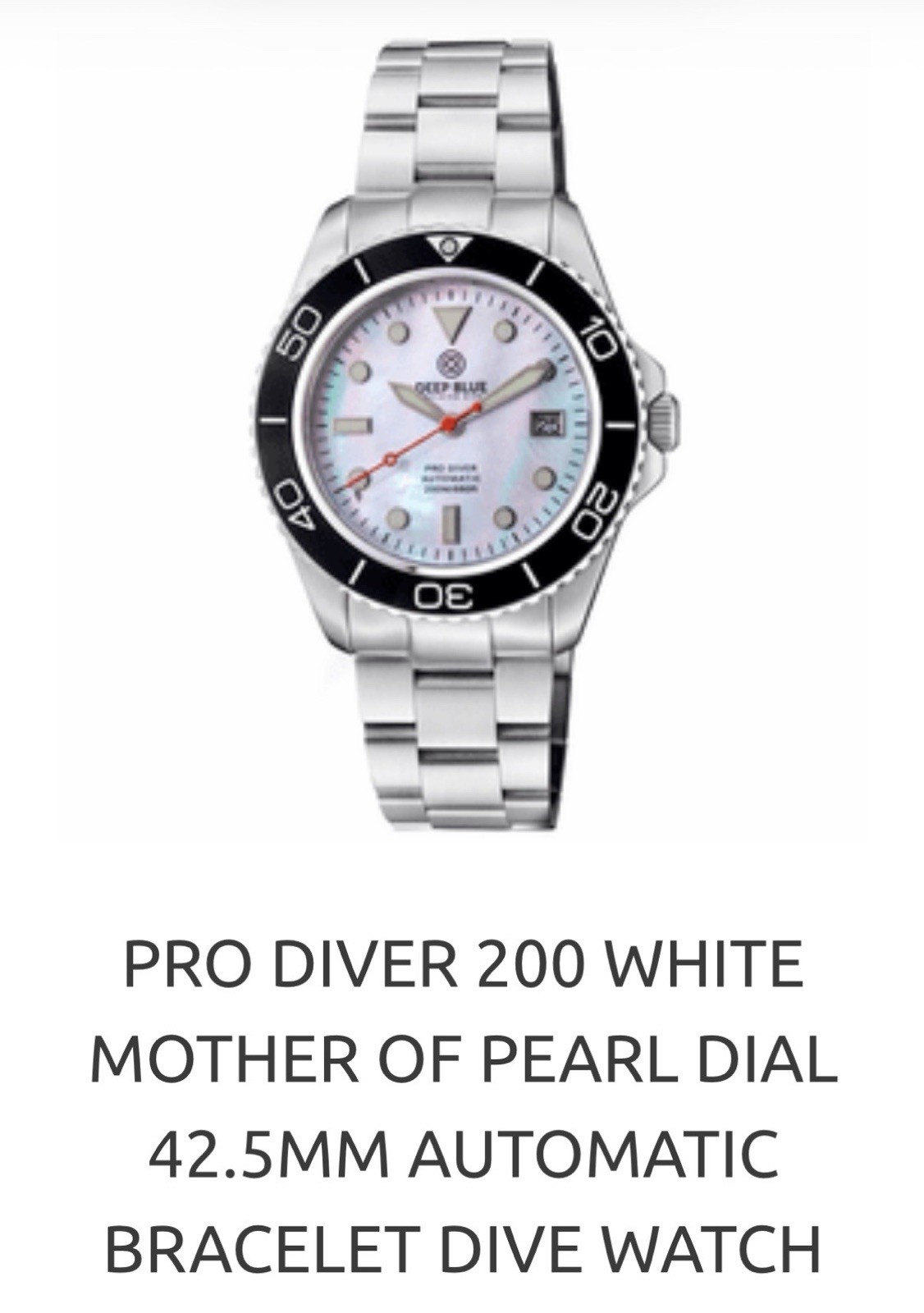Deep Blue PRO DIVER 200 42.5MM AUTO DIVE WATCH-WHITE MOTHER OF PEARL DIAL-NEW‼️