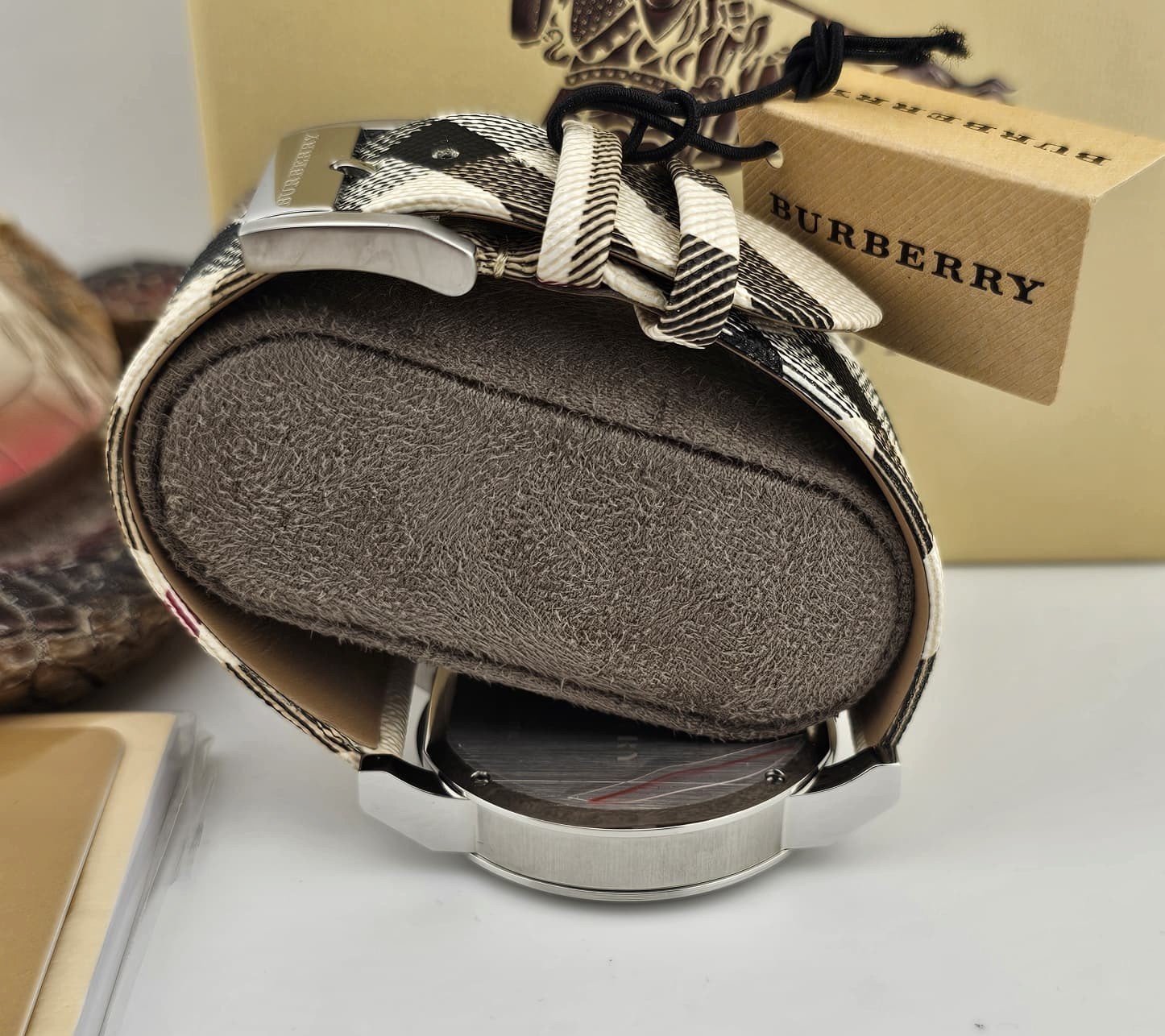 BURBERRY MENS WATCH NOVA CHECK FABRIC STRAP AND SILVER DIAL BU9357 GENUINE