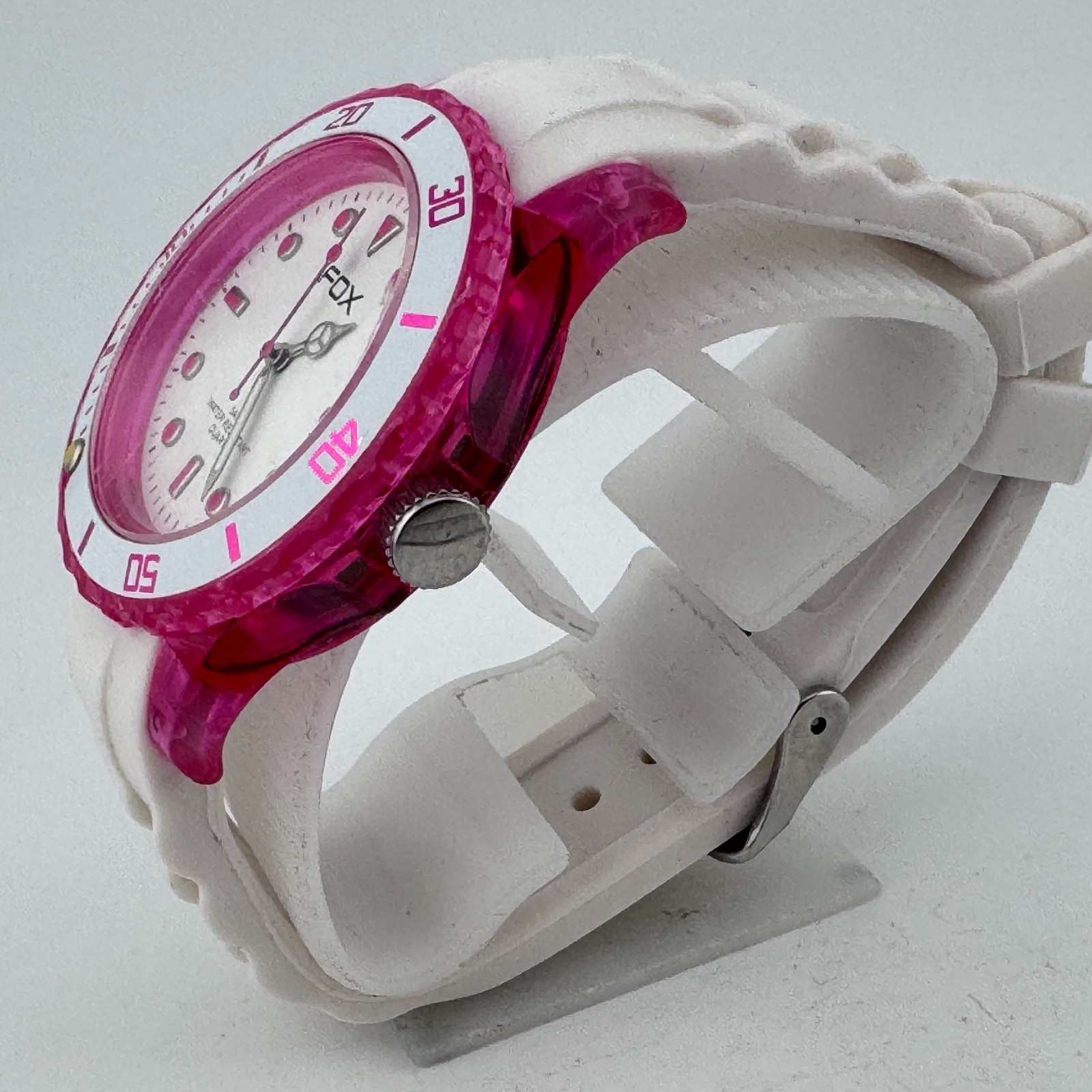 Fox Quartz Watch Women 50m Pink White Plastic Rotating Bezel Rubber New Battery