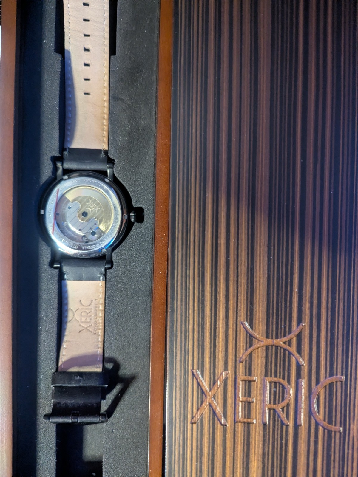 Xeric Automatic Wristwatch Black Leather Band Exhibition Caseback Box Booklet