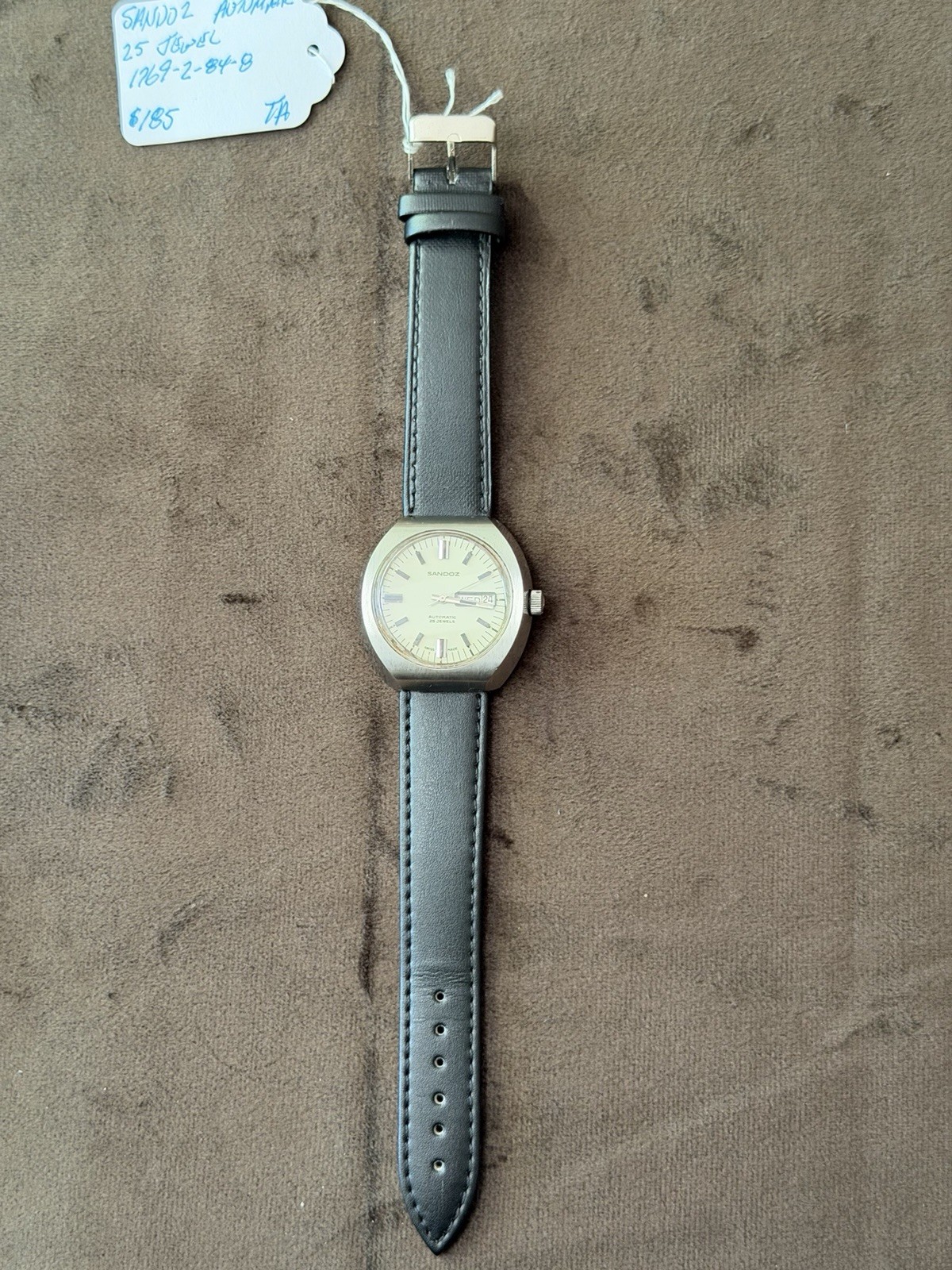 Sandoz Automatic Men’s 25J Swiss Made Day/Date Silver Dial Black Leather