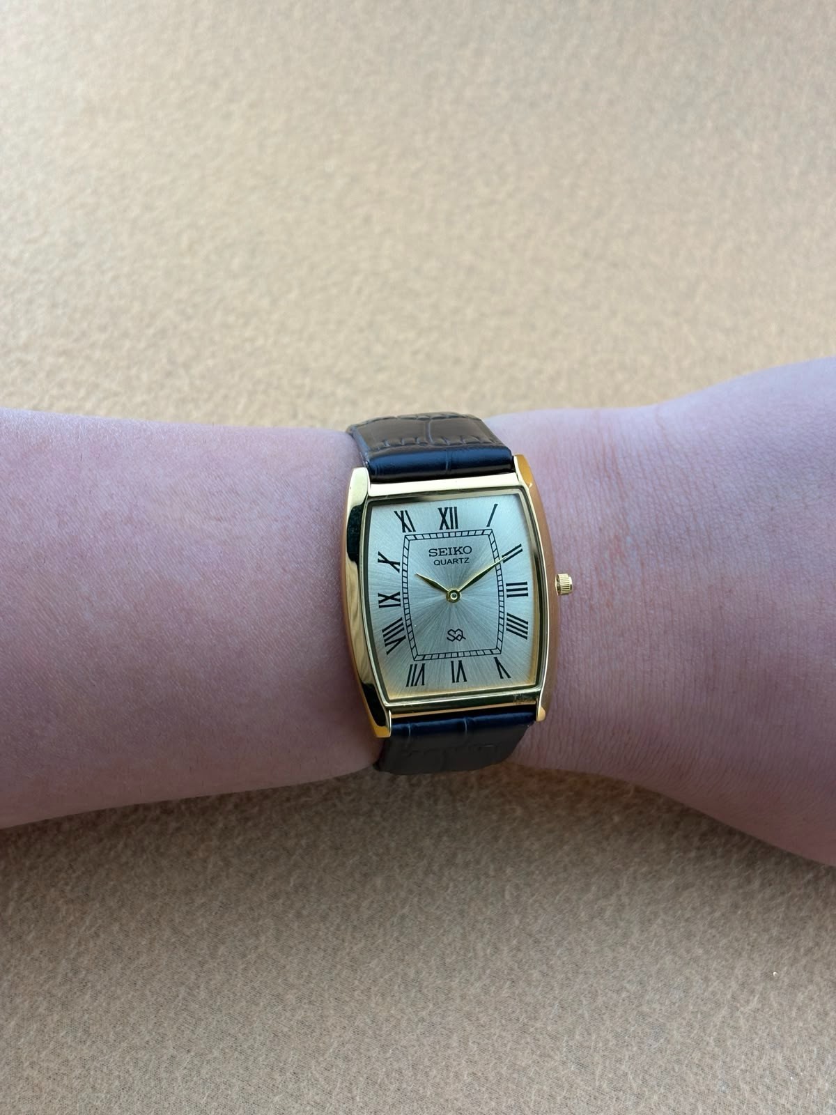 Gold Dial Vintage Seiko Slim Quartz Gentlemen’s Wristwatch-dark brown strap