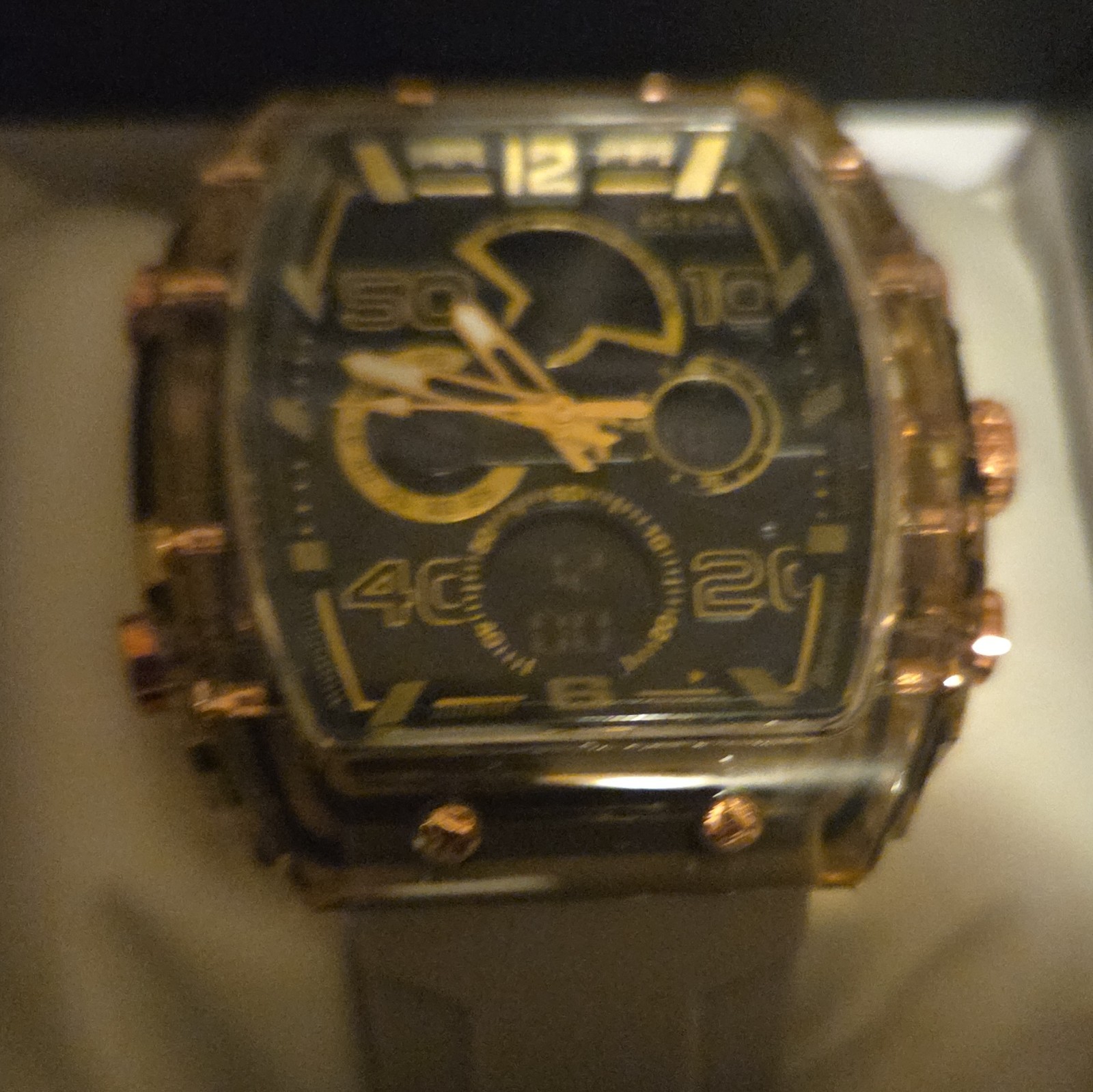 ACTIVA ACW8109 Tonneau Quartz Analog Watch Black/Gold Dial Gray Rubber Box