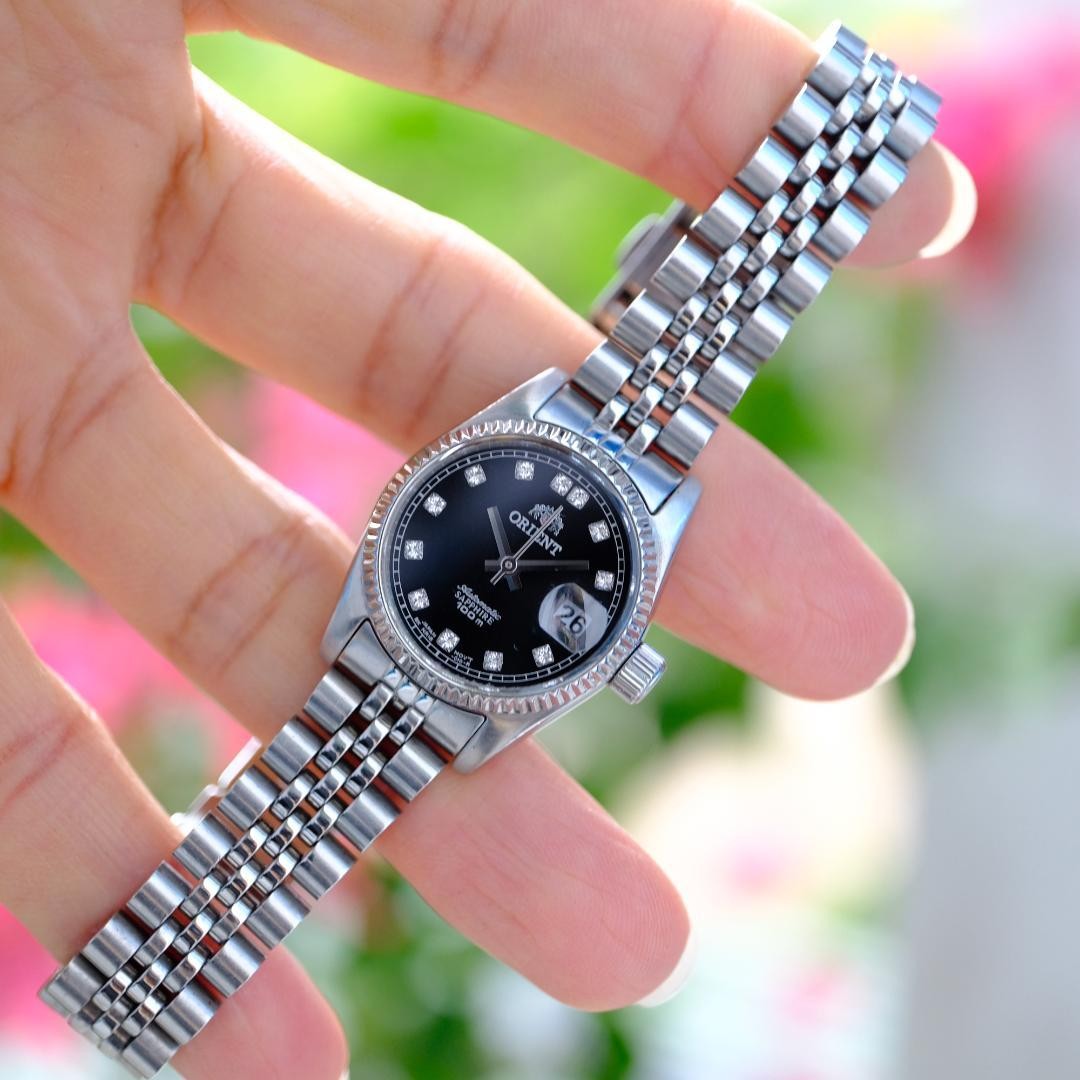 Orient President Ladies Automatic Watch Black Dial Sapphire Crystal Silver Band