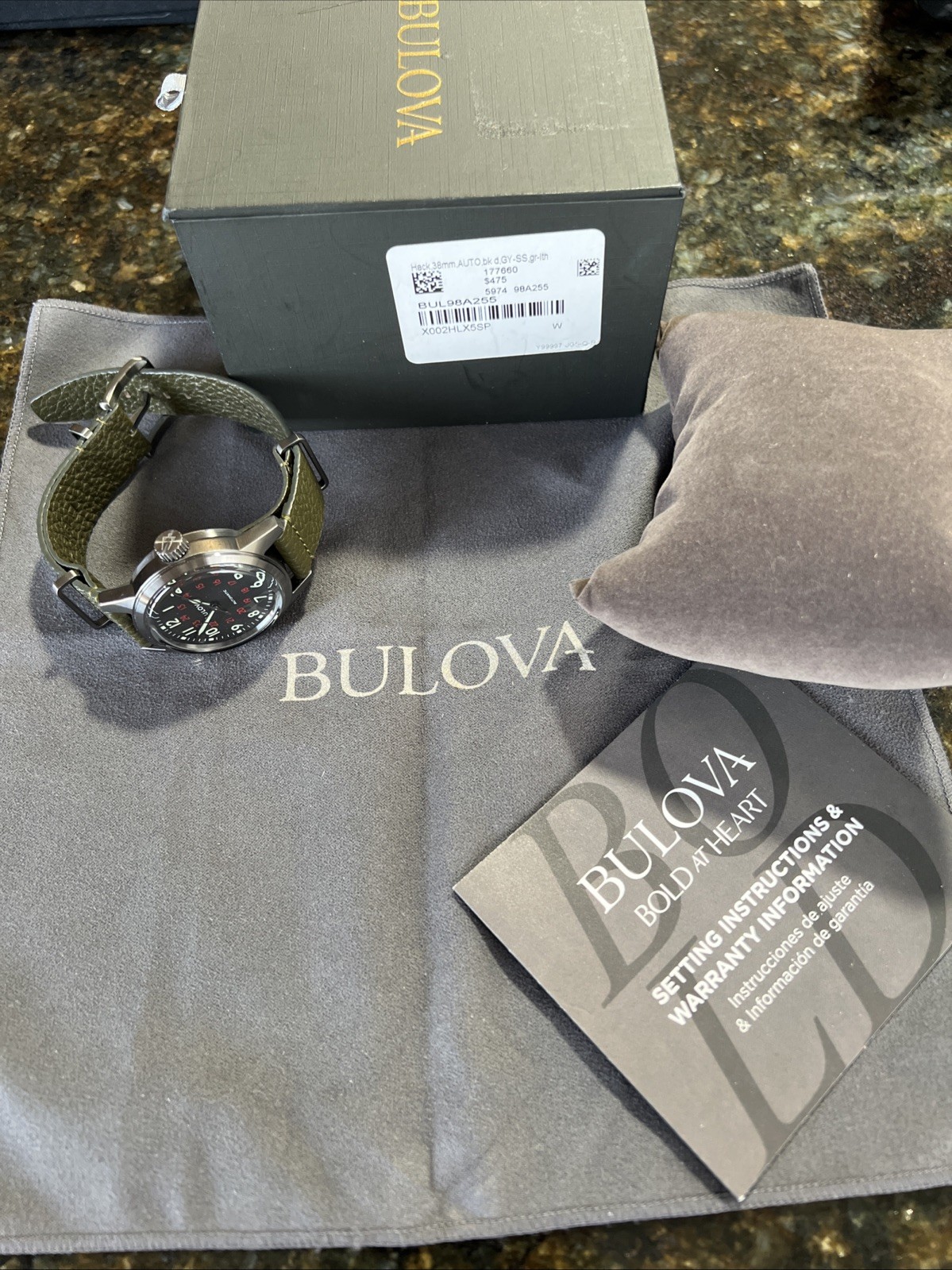 Bulova Military 98A255 Automatic W Box W Open Warranty Card Military Design Time