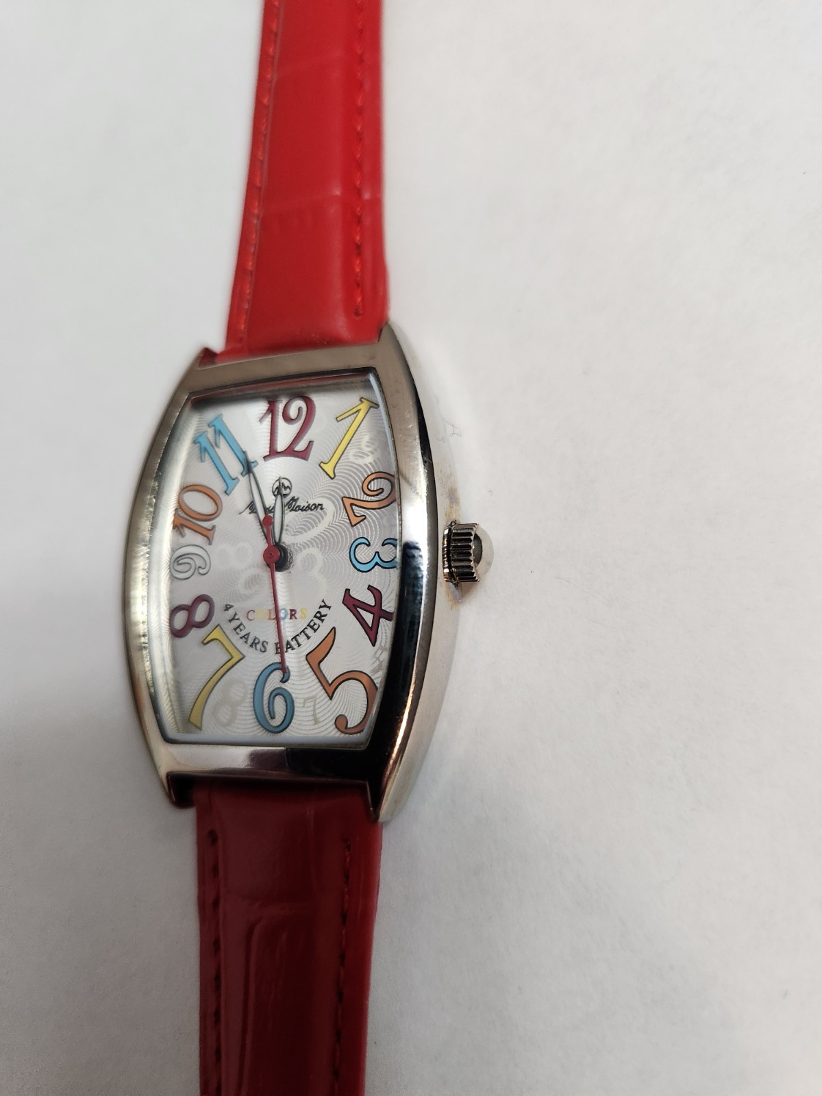 Mary Maison G-1030 Quartz Tonneau Colors Watch White/Multicolor Dial Red Leather