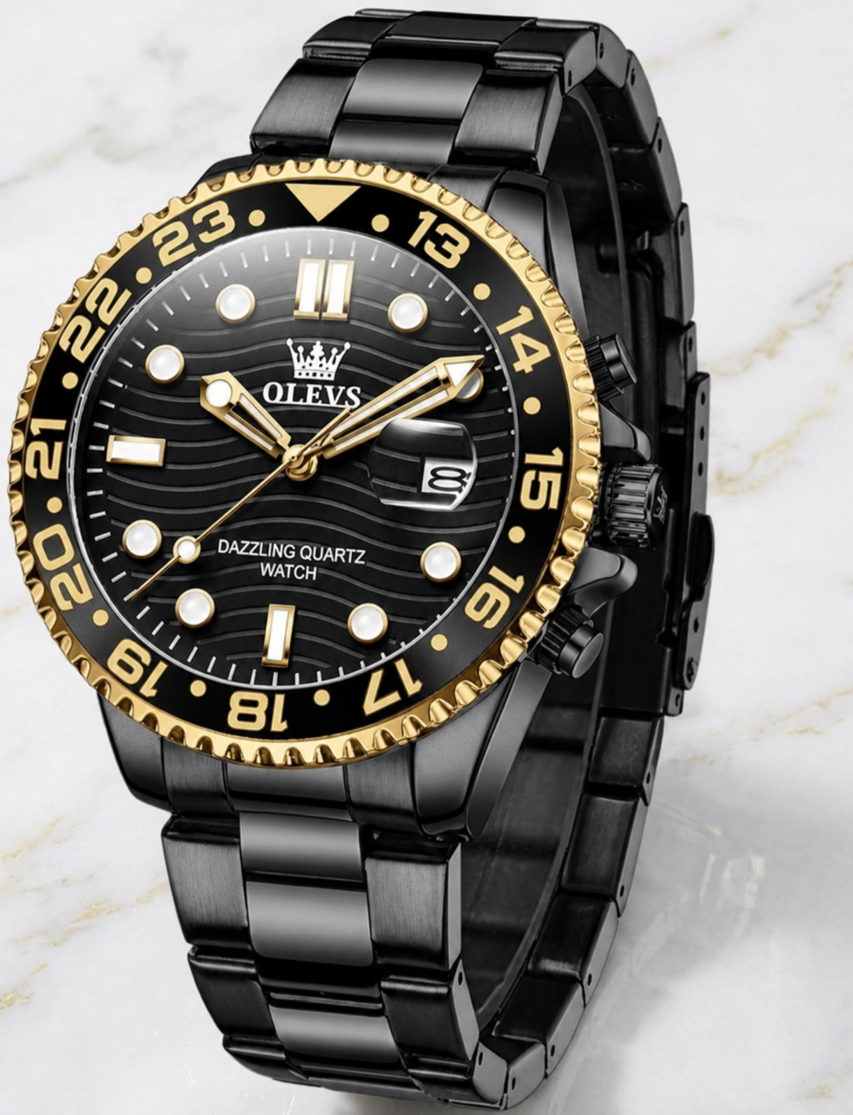 Men’s Waterproof Diver Quartz Black Dial Bracelet Date Watch Gold Bezel Olevs